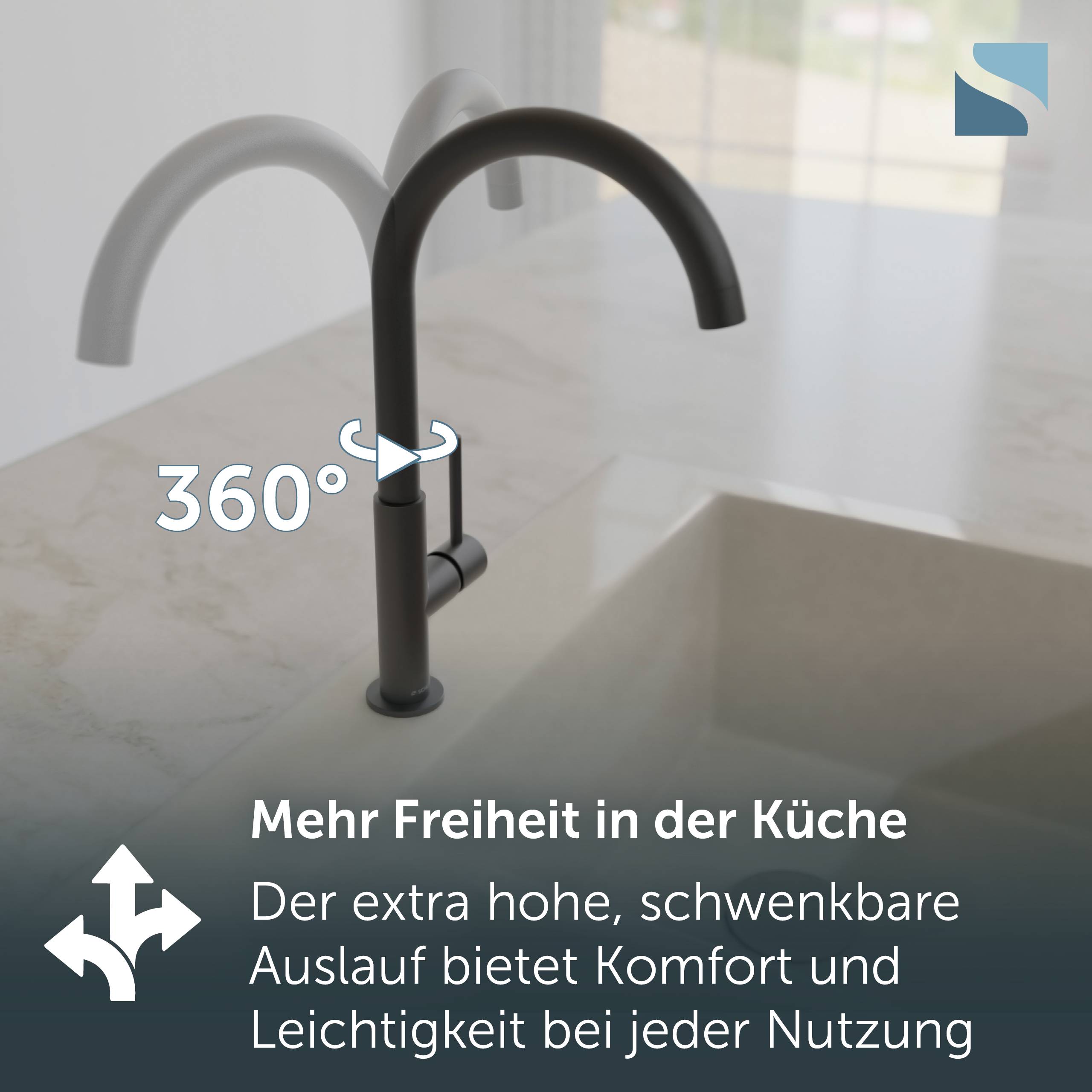 Schwarzer Küchenarmatur mit 360° drehbarem Auslauf über einem Spülbecken, beschriftet auf Deutsch als Angebot von mehr Freiheit und Komfort in der Küche.