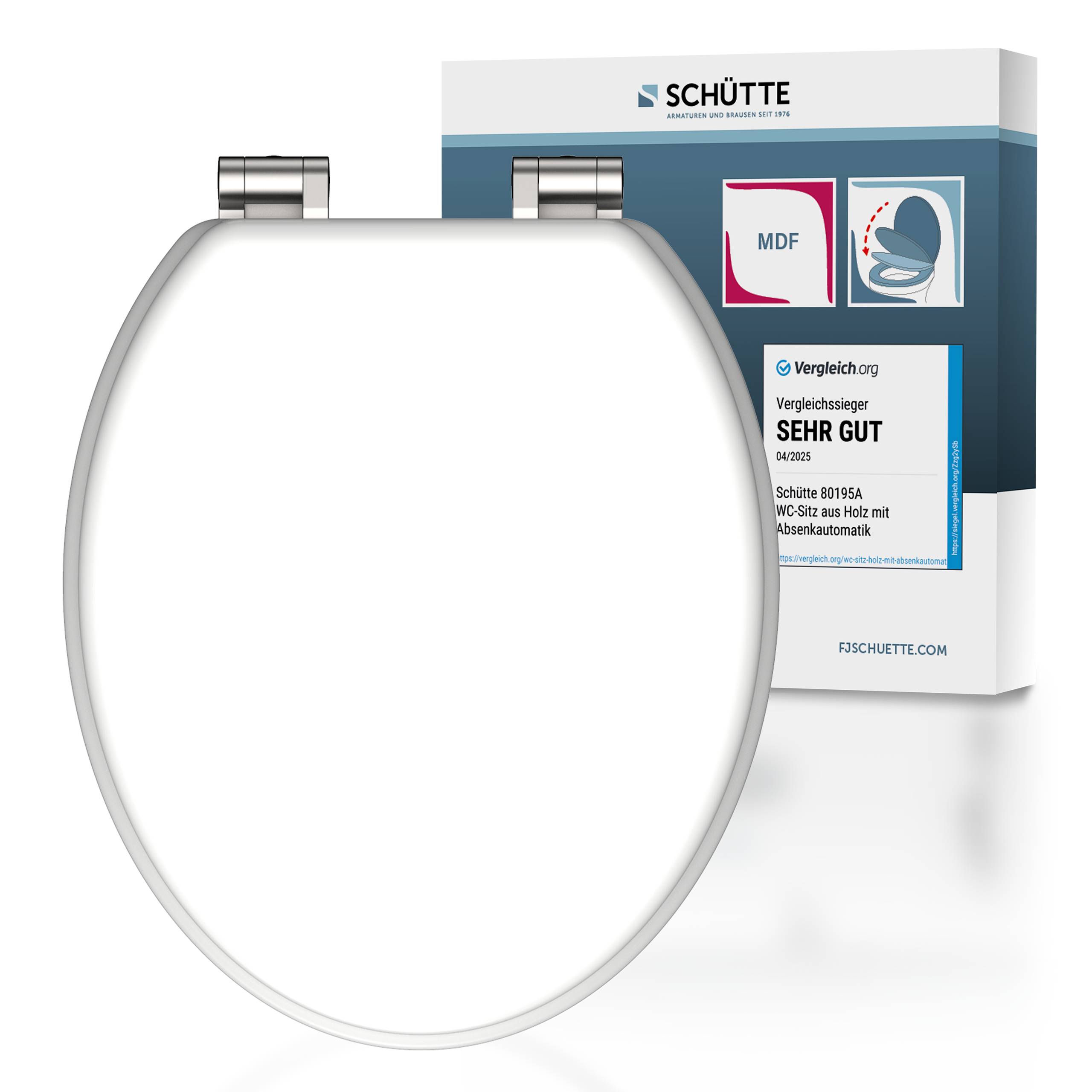 Toilettensitz mit Scharnieren vor der Verpackung. Die Verpackung zeigt das Logo „SCHÜTTE