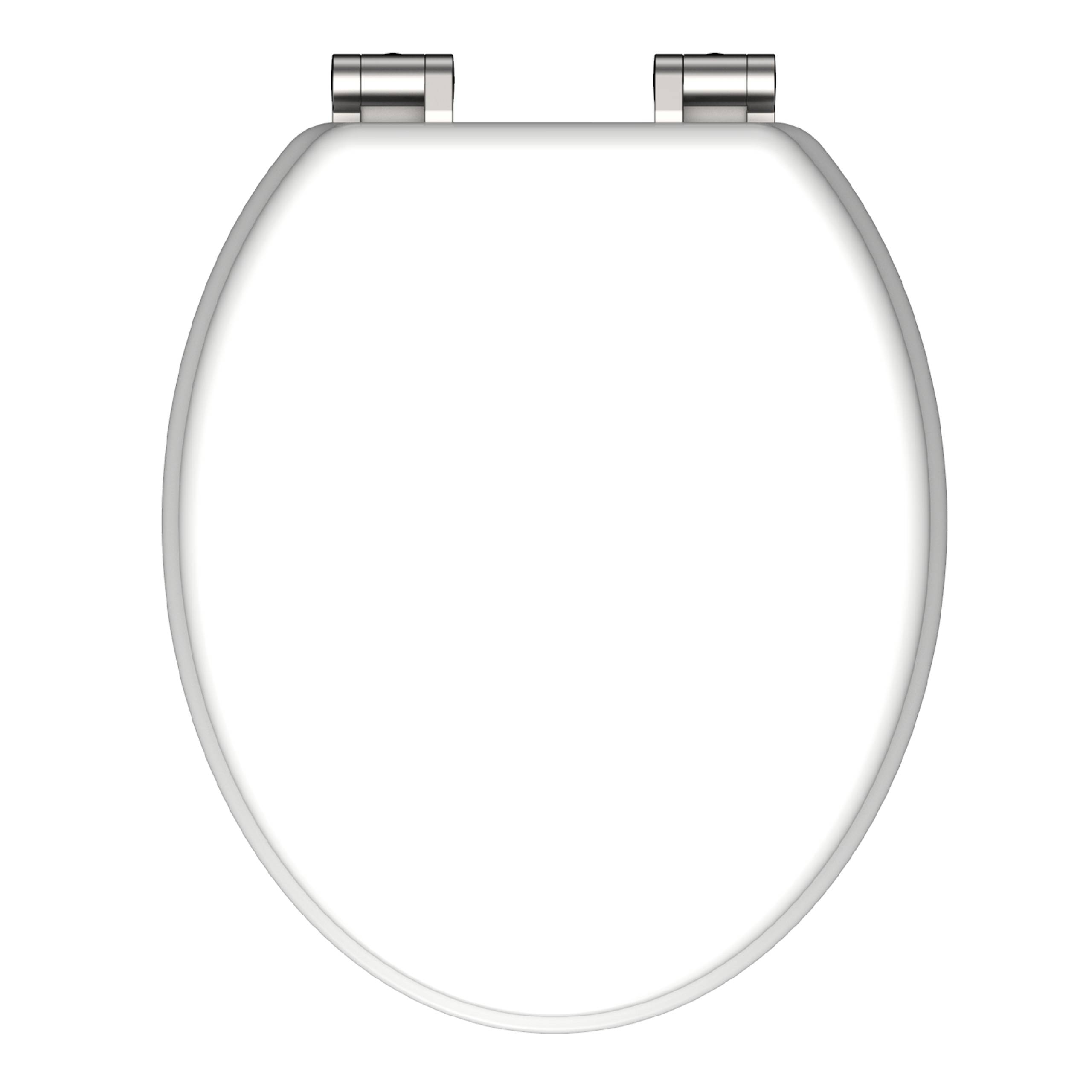 Ein modernes, minimalistisches Design eines weißen Toilettensitzes mit Firmenlogo und deutschem Text 