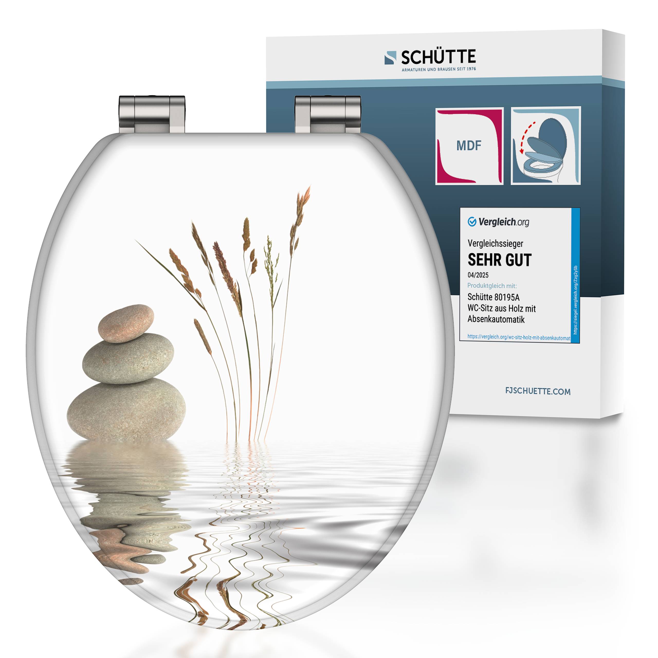 Toilettendeckel mit beruhigendem Design aus gestapelten Steinen und Schilf, das sich im Wasser spiegelt; die Verpackung zeigt hohe Bewertung und Markenname.