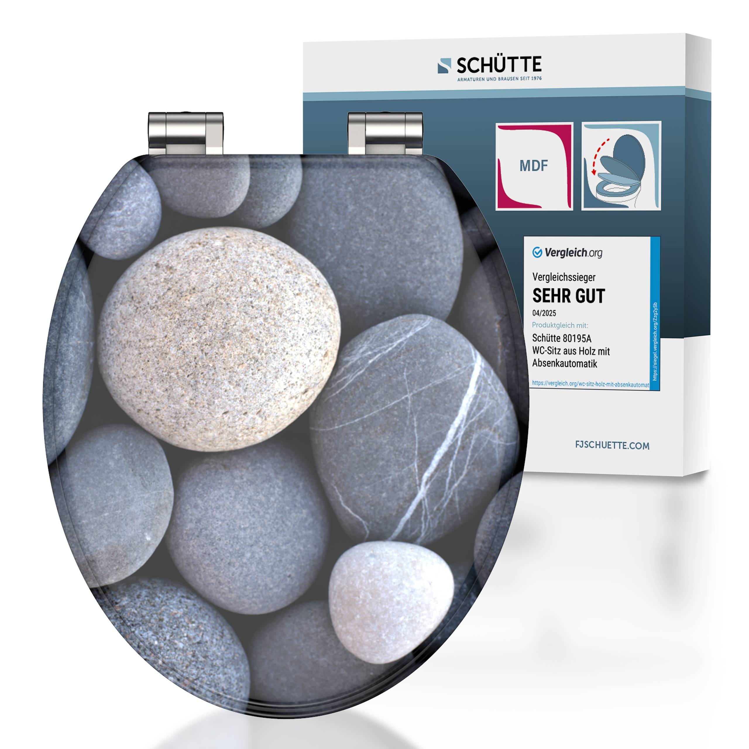 Toilettensitz mit Kieselmosaik-Designabdeckung und Verpackung mit Markenname, Material (MDF) und Bewertung „SEHR GUT