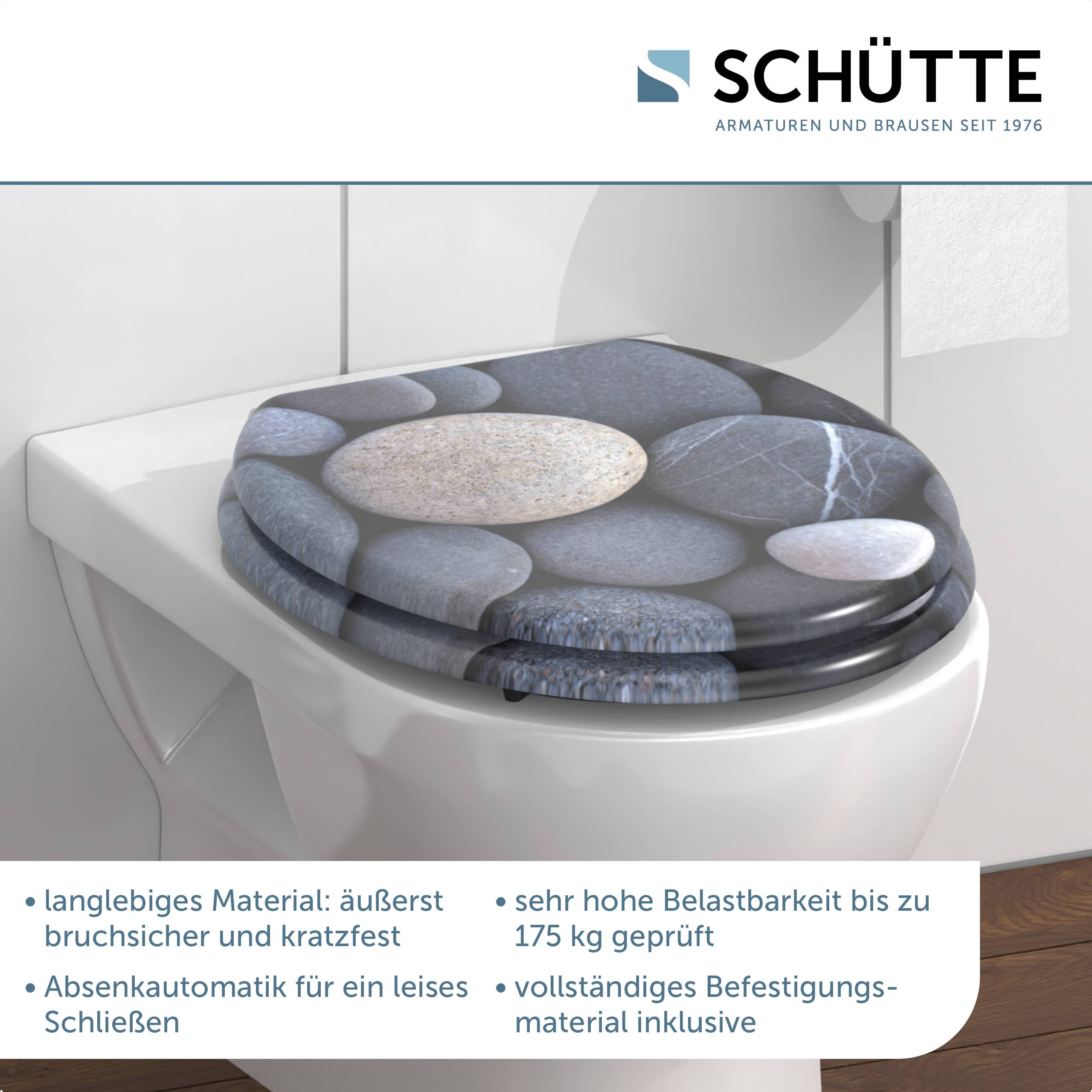 Ein weißes Toilettenbecken mit einem dekorativen Deckel, der mit glatten Steinen verziert ist. Der Text darunter lautet: sehr hohe Belastbarkeit bis zu 175 kg geprüft.