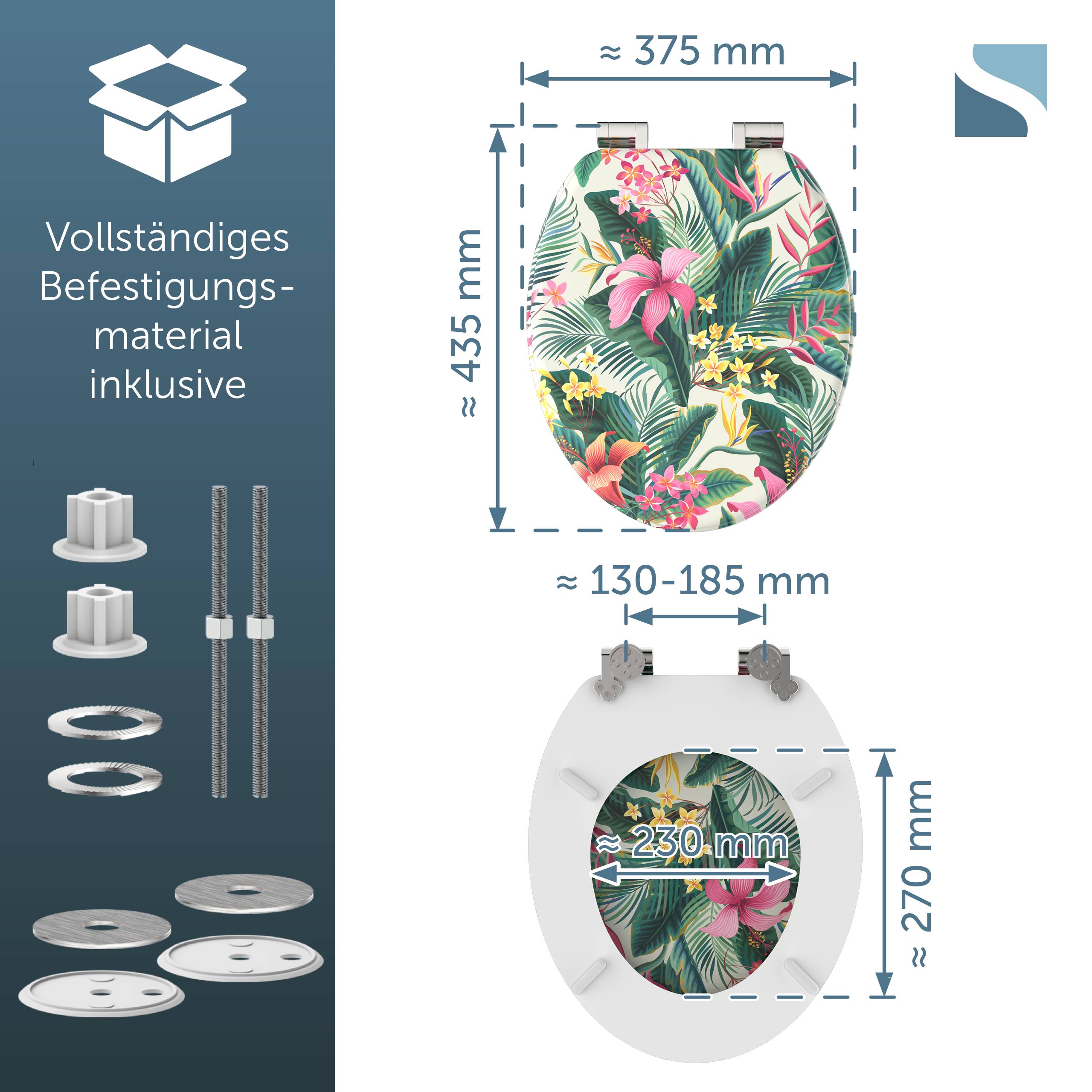 Diagramm zeigt eine Blumenmuster-Toilettensitzauflage und Installationshardware mit den Abmessungen von etwa 375 mm x 435 mm und 130–185 mm x 270 mm.