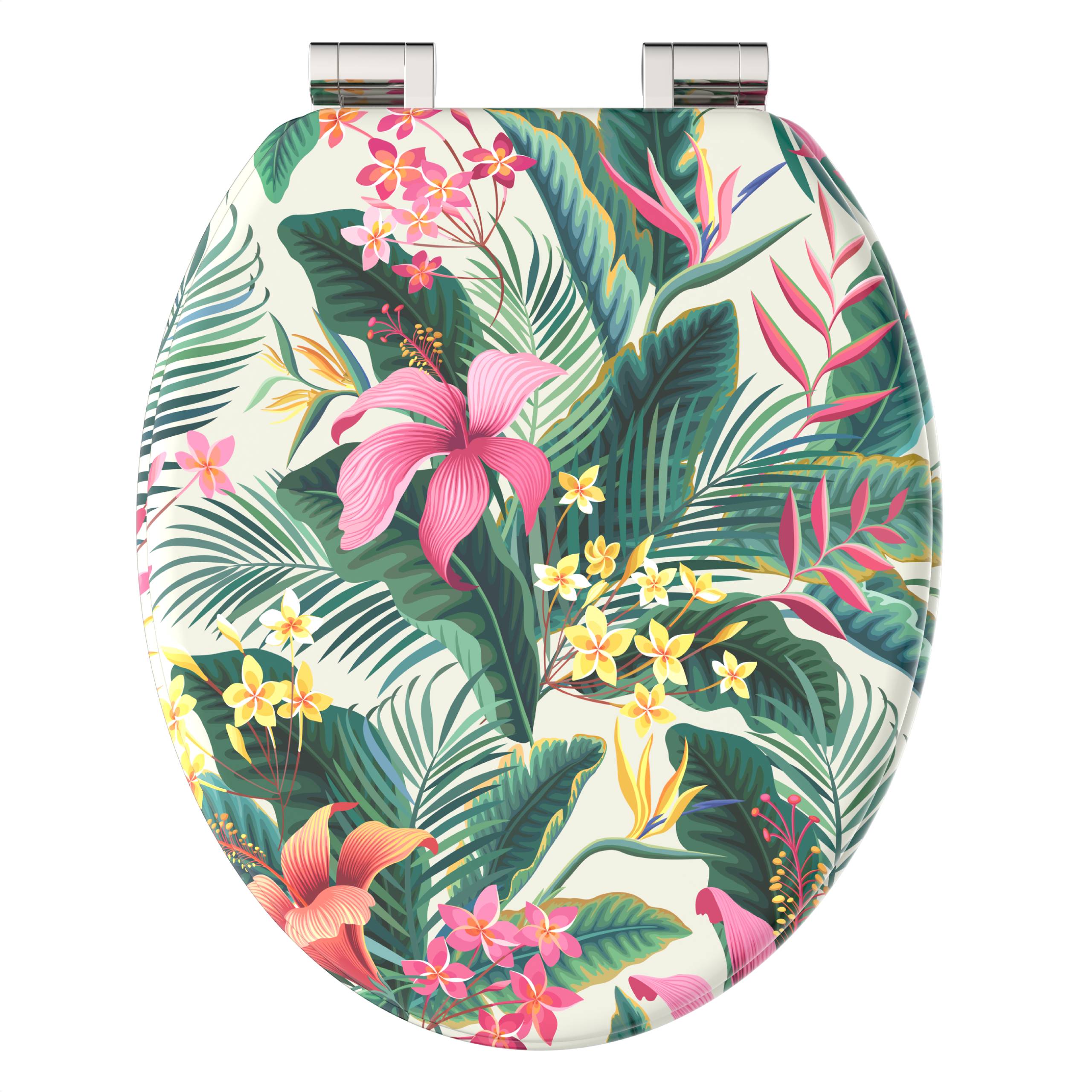Ovales Toilettensitz mit tropischem Blumenmuster und Palmblattmotiv in Pink, Gelb, Grün und Orange.