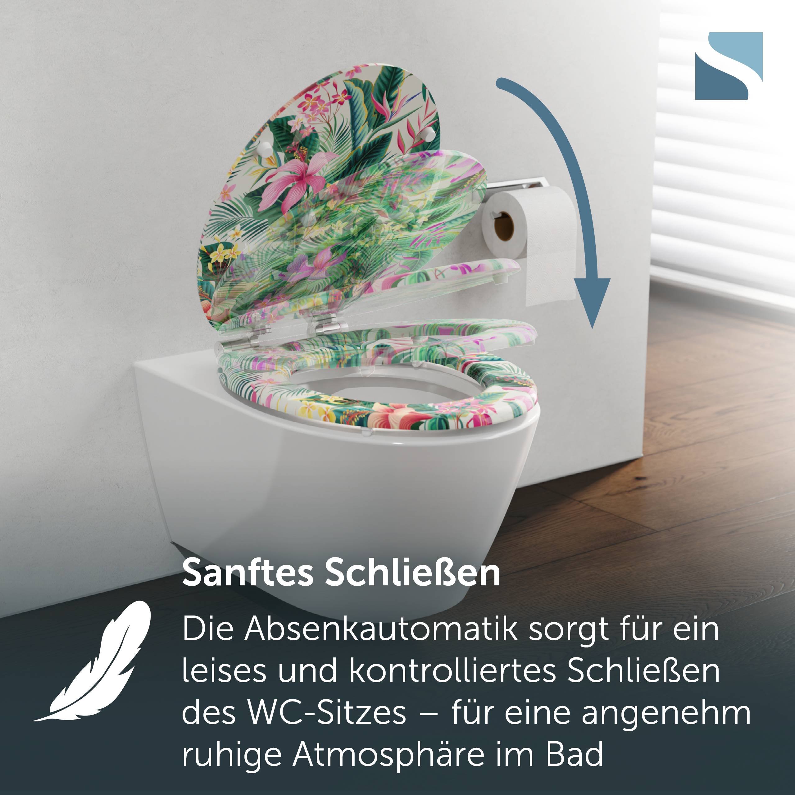 Anzeige eines Toilettensitzes mit Soft-Close-Mechanismus, der sich leise schließt; deutscher Text sagt 