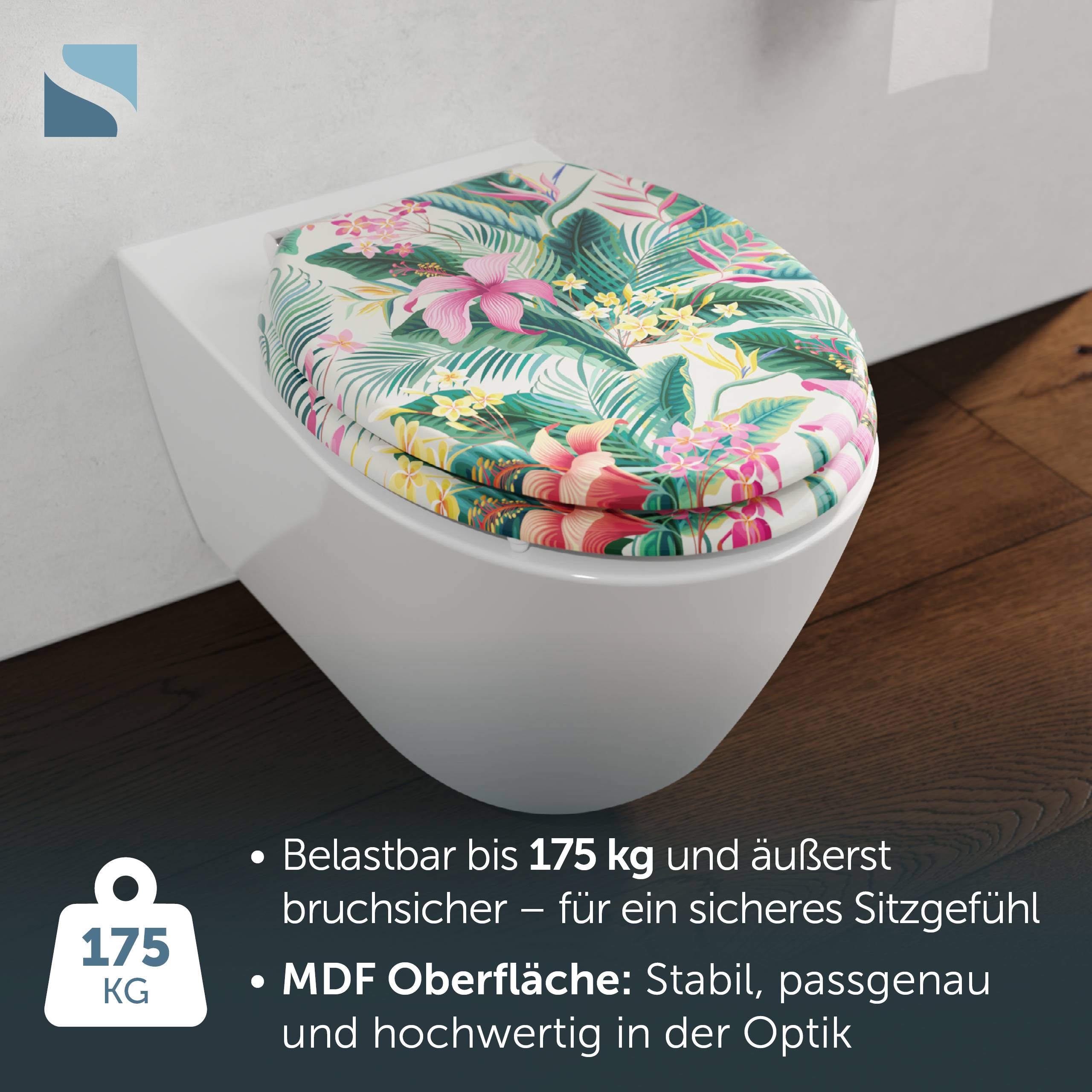 Weiße Toilette mit farbenfrohem Sitzbezug mit Blumenmuster; deutscher Text besagt, dass sie 175 kg trägt, hochbruchfest ist und eine stabile MDF-Oberfläche hat.