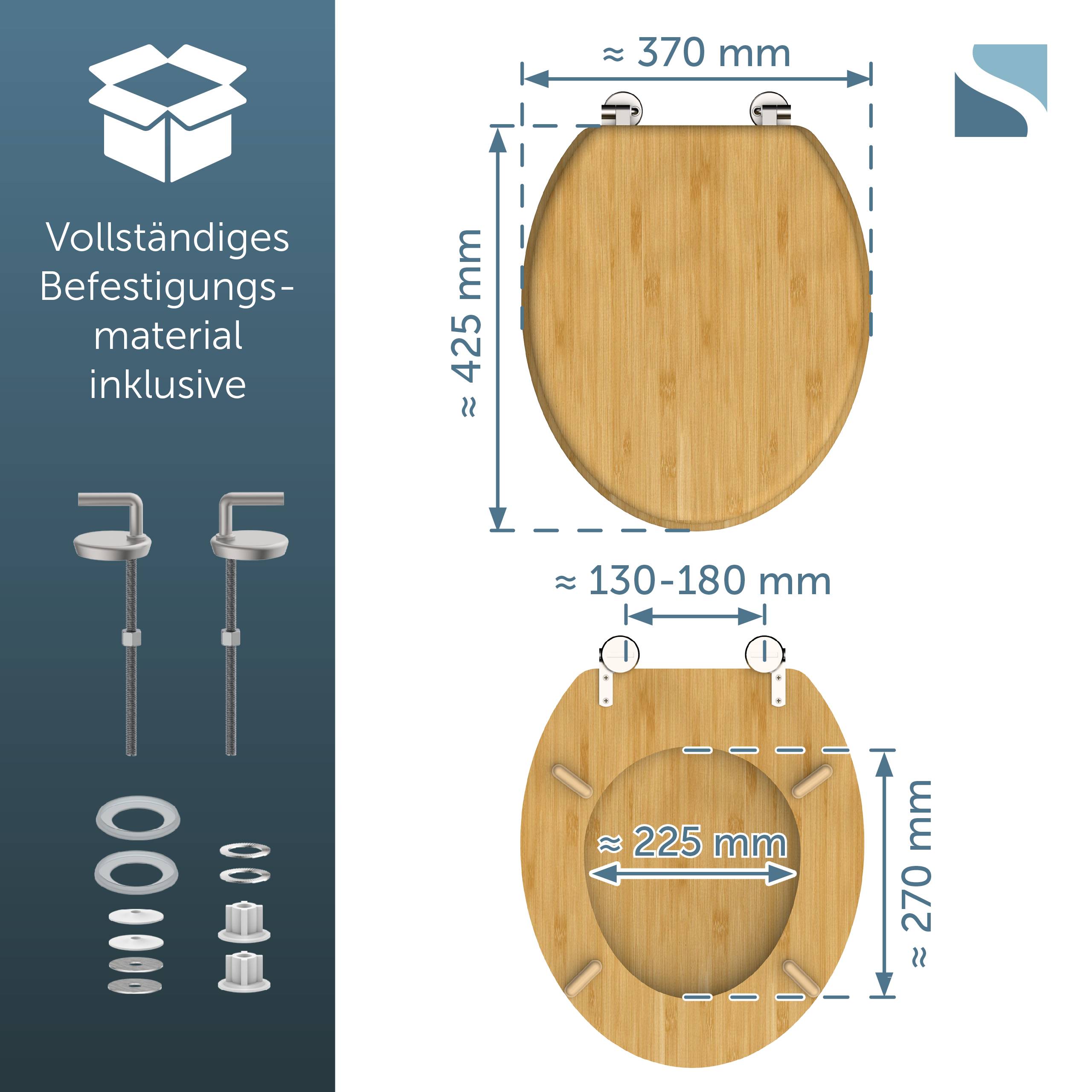 Installationsdiagramm für einen Holzklosettsitz mit enthaltener Montagehardware und Maßen: Sitz etwa 370 mm breit und 425 mm lang, mit verstellbarem Scharnierabstand und Toilettenbeckenöffnungsmessungen.