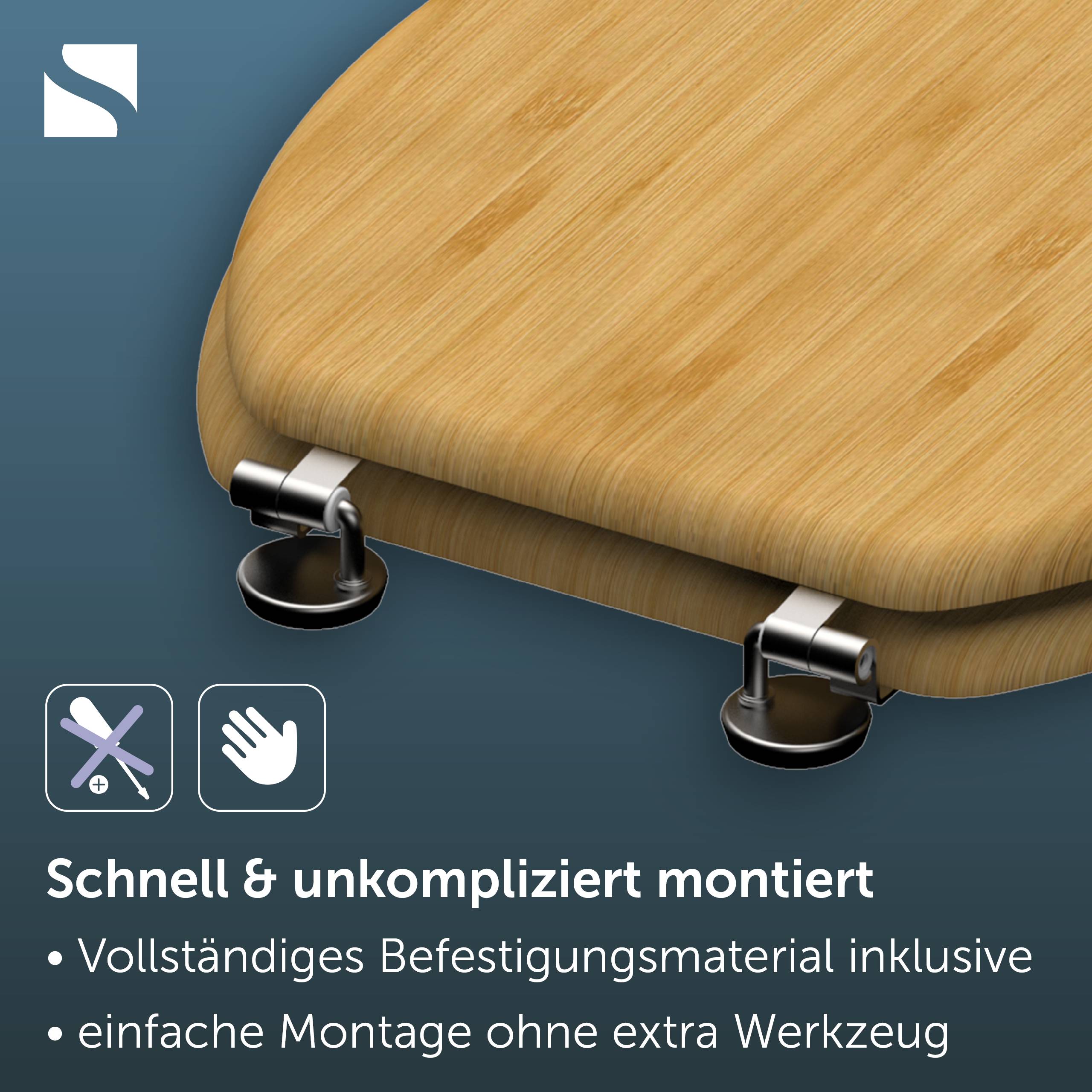 Ein Holzsitz mit Metallscharnieren/Spannvorrichtungen, dargestellt als leicht zu montieren; der deutsche Text sagt „Schnell & unkompliziert montiert