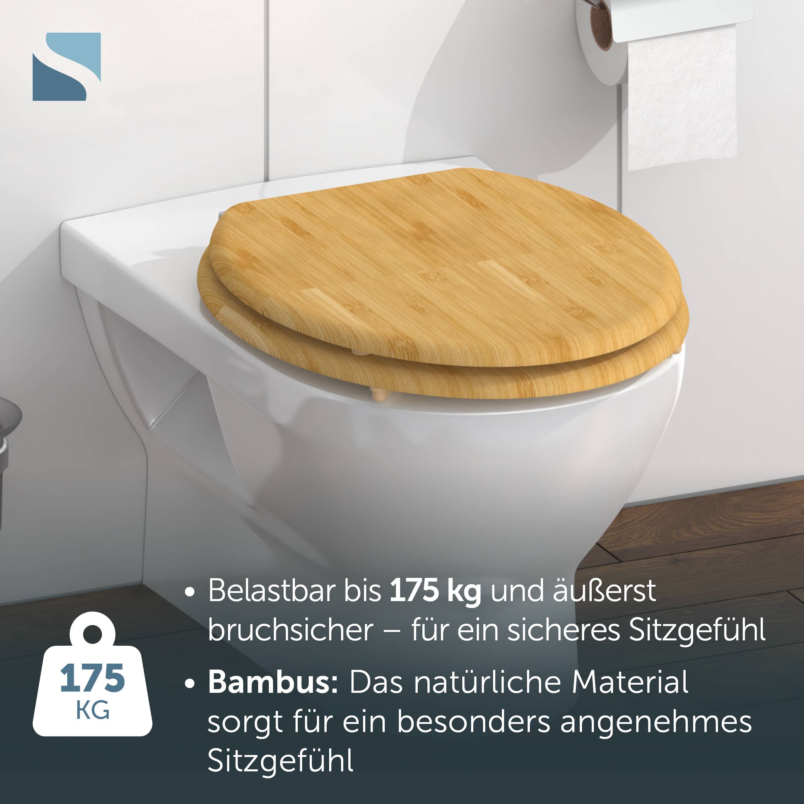 Toilette mit Bambusholzsitz und Deckel; deutsche Textnotizen besagen, dass sie bis zu 175 kg trägt und hochbruchsicher ist für sicheres, komfortables Sitzen.