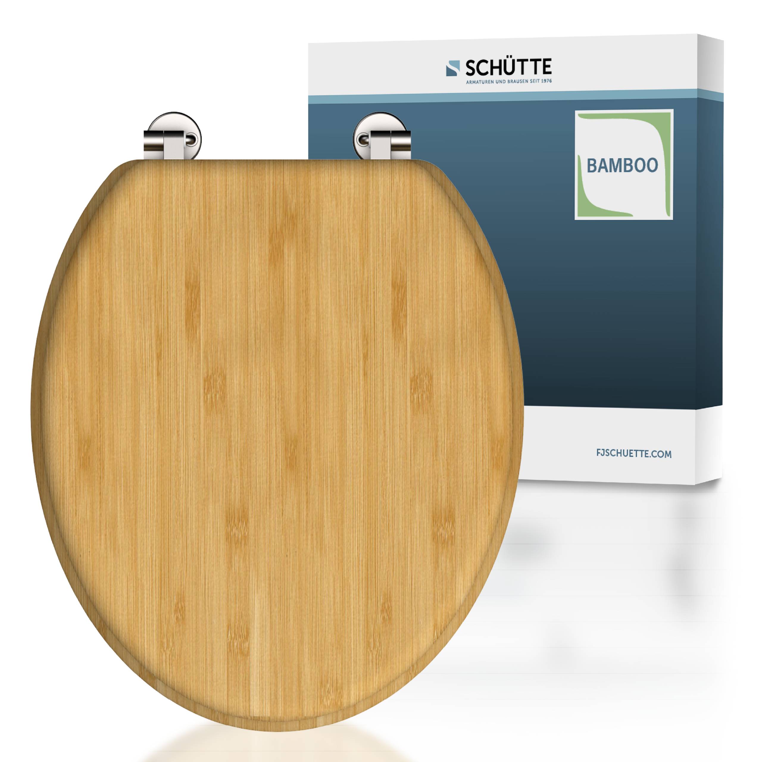 Holzerner Bambus-Toilettensitz, der vor einer SCHÜTTE-Produktbox mit der Aufschrift „BAMBOO