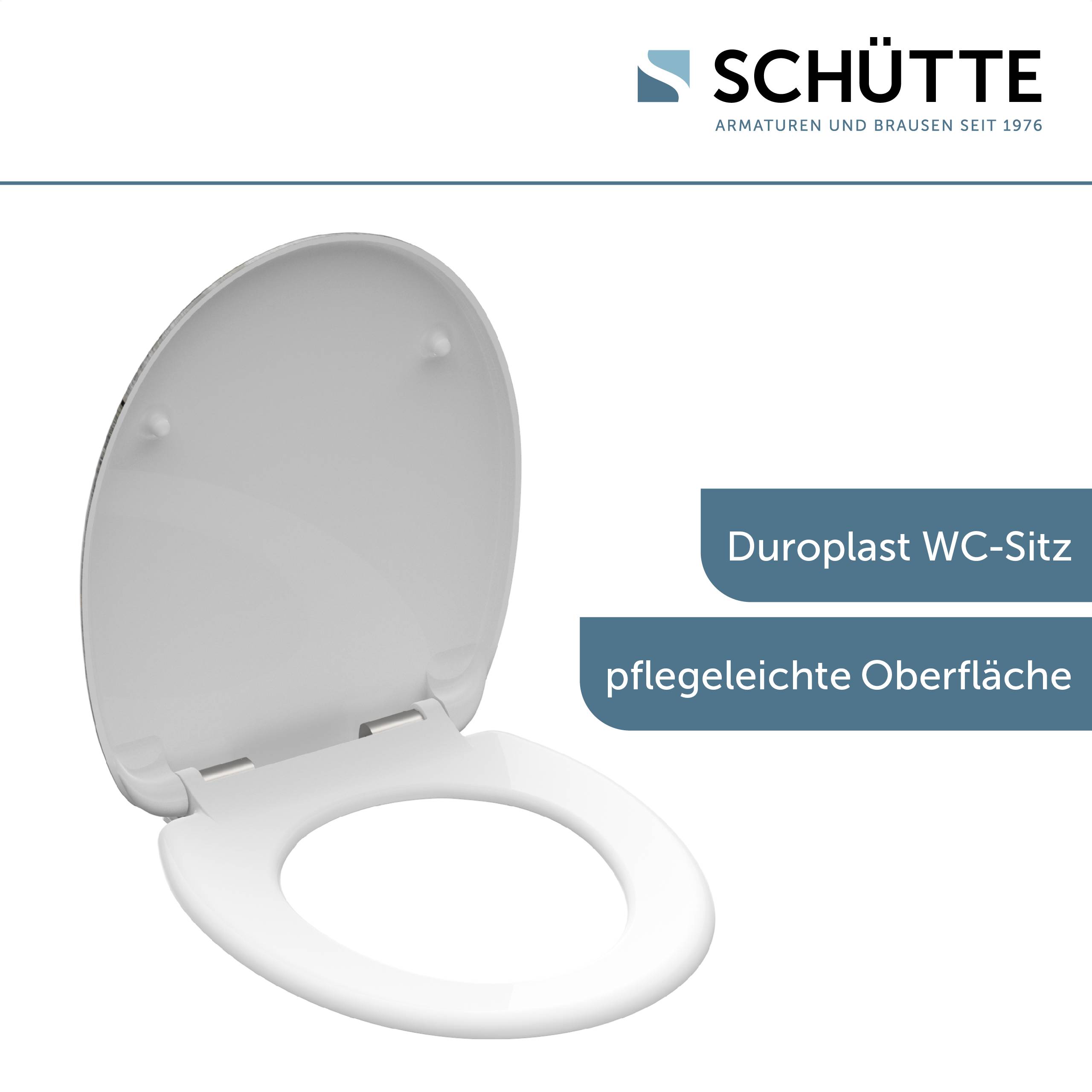 Ein weißer Toilettensitz mit Text, der 