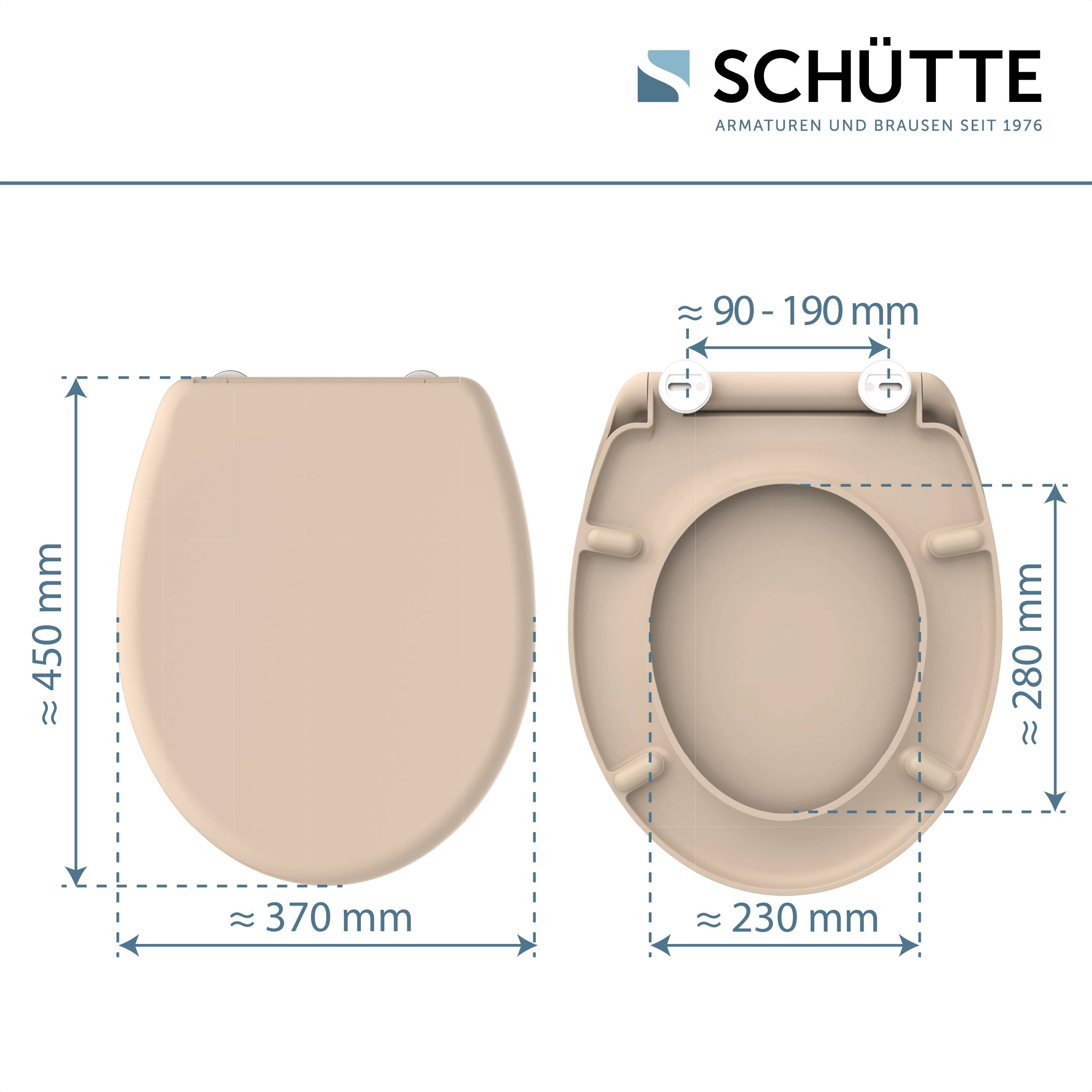 Das Bild zeigt einen beigen Toilettensitz mit den Abmessungen: Breite 370 mm, Tiefe 450 mm; innere Breite 230 mm, Länge 280 mm; Scharnierabstand 90-190 mm.