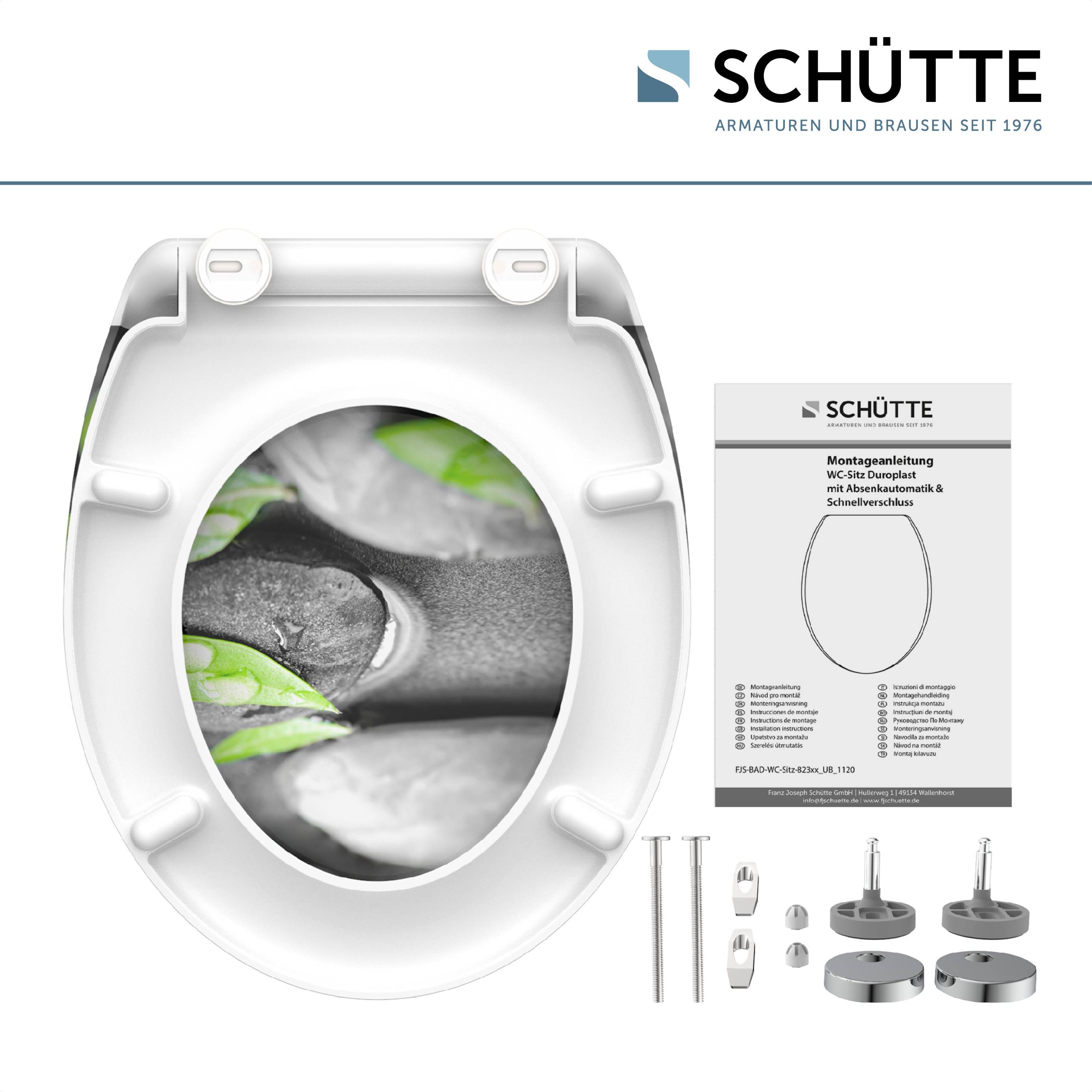 Toilettensitz mit beruhigendem Design, das Bambushalme und aufeinander balancierte Steine zeigt und ein Gefühl von Ruhe vermittelt.