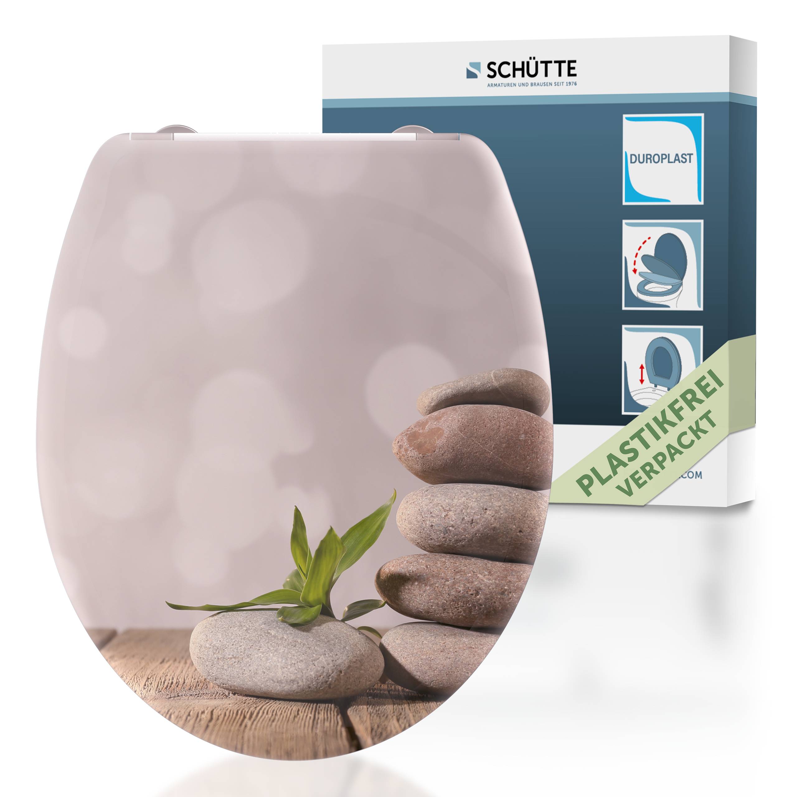 Toilettensitzdeckel mit gestapeltem Stein- und Blattmuster-Design; die Verpackung zeigt an, dass das Produkt aus Duropalst hergestellt ist und plastikfrei.