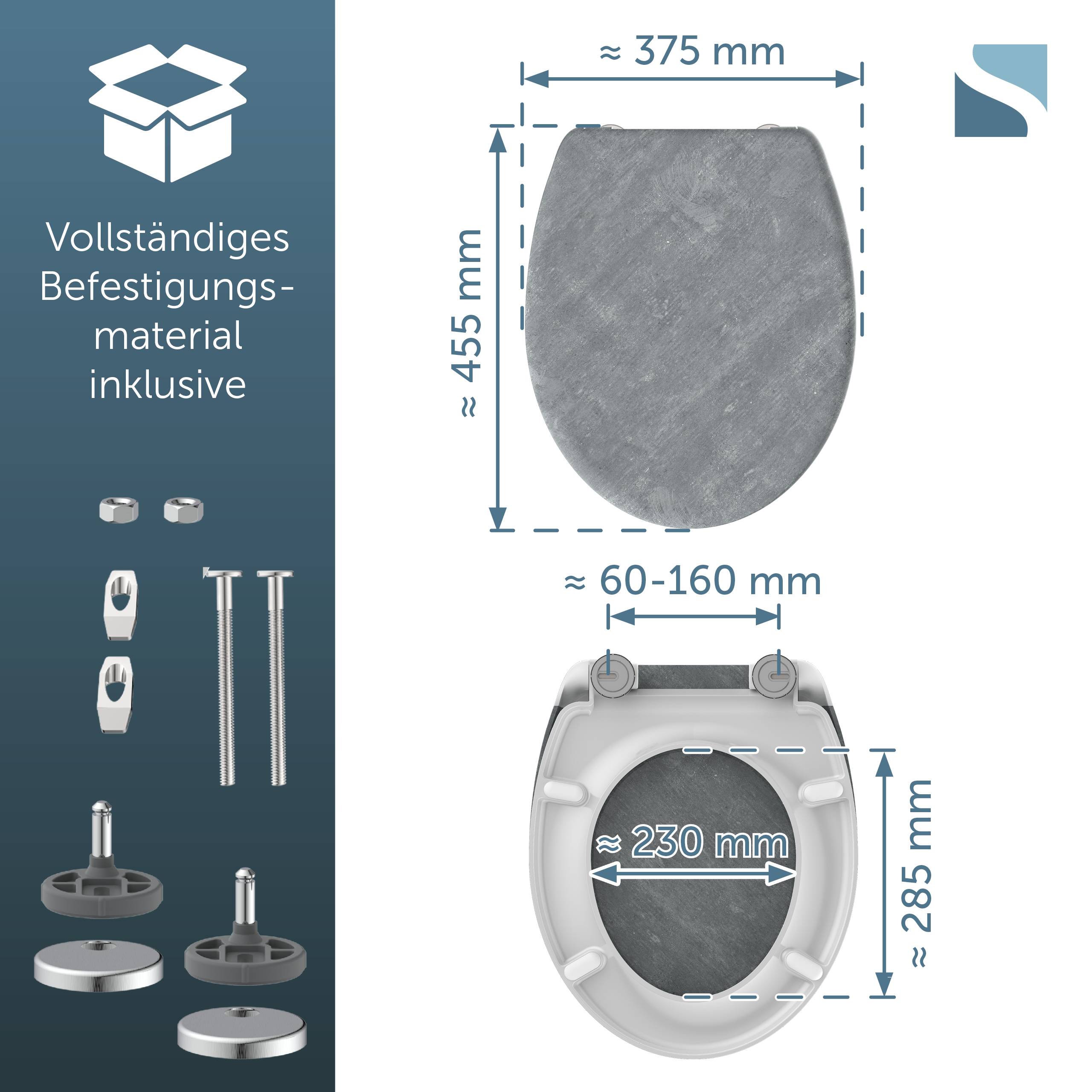 Diagramm, das einen vollständigen Montageset für einen Toilettensitz mit Befestigungsteilen und Abmessungen zeigt: Deckel etwa 375 x 455 mm; Sitz etwa 230 x 285 mm; Scharnierabstand etwa 60–160 mm.