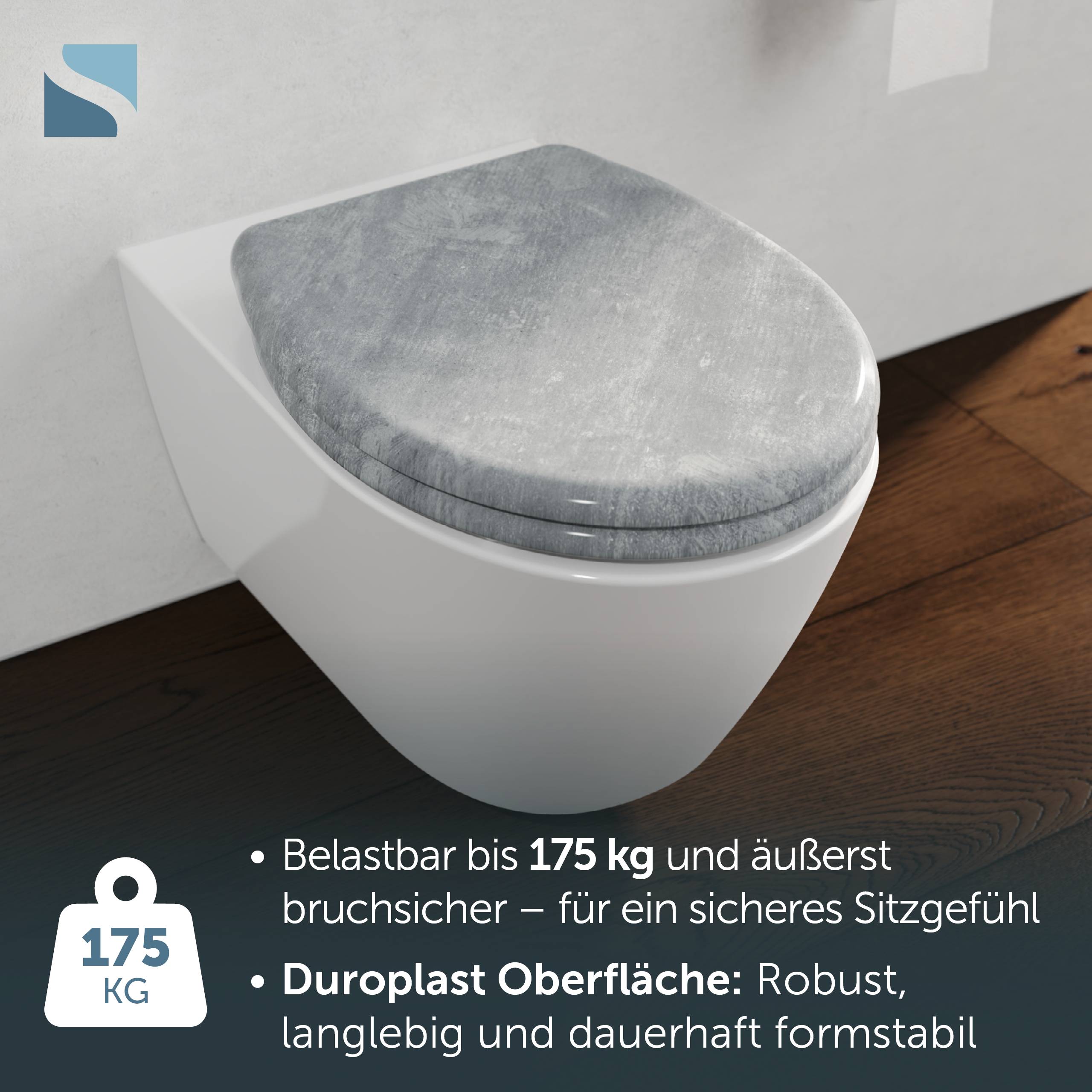 Toilettensitz mit 175 kg Tragfähigkeit und langlebiger Duroplast-Oberfläche, dargestellt als Produktmerkmal-Grafik.