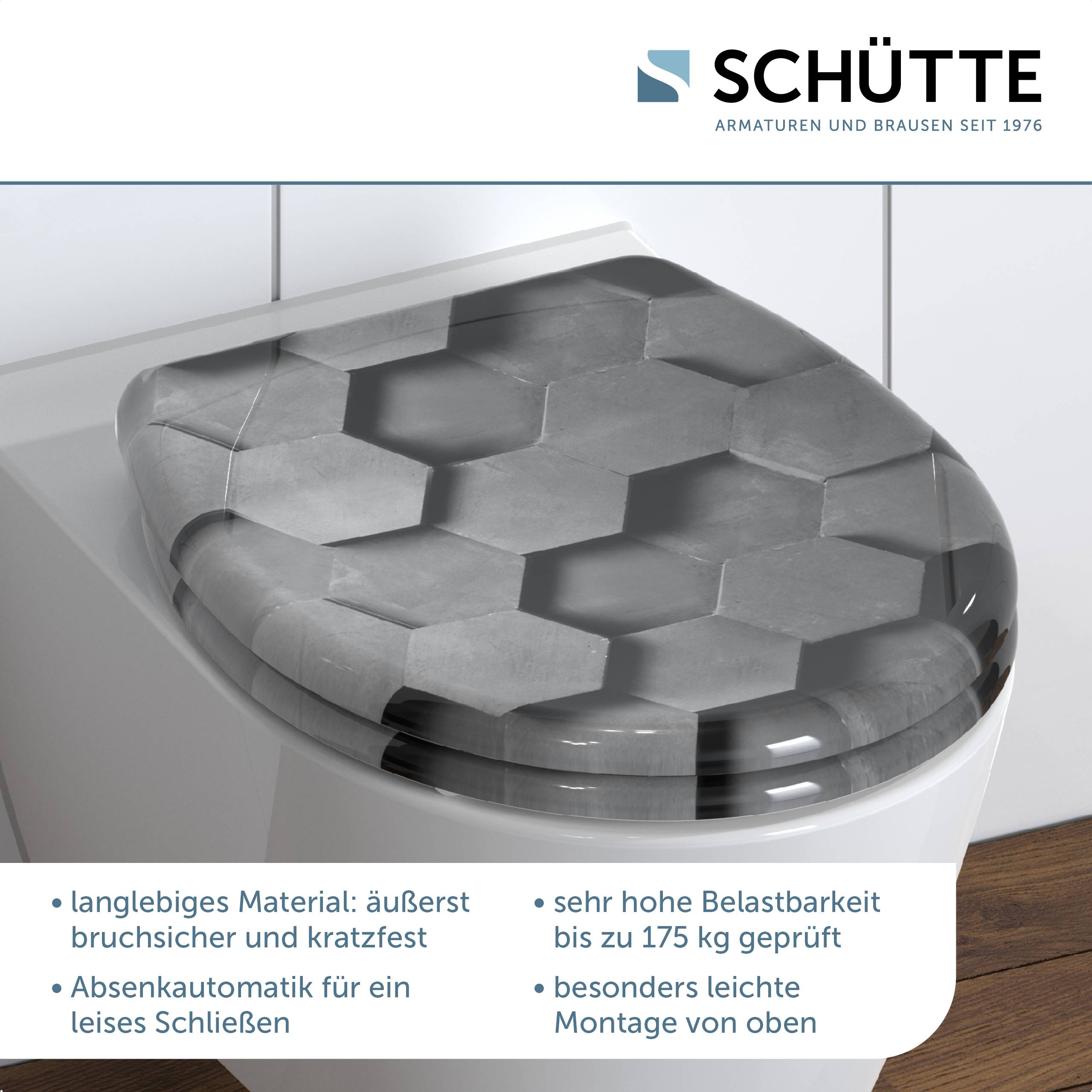 Duroplast WC-Sitz GREY HEXAGONS, mit Absenkautomatik und Schnellverschluss
