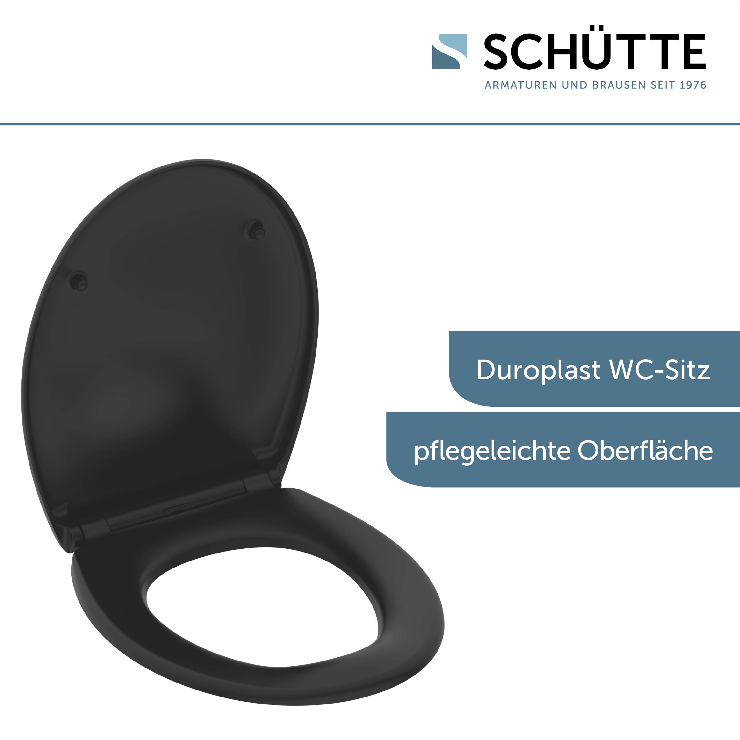 Ein weißer Duoplast-Toilettensitz mit pflegeleichter Oberfläche von Schütte.