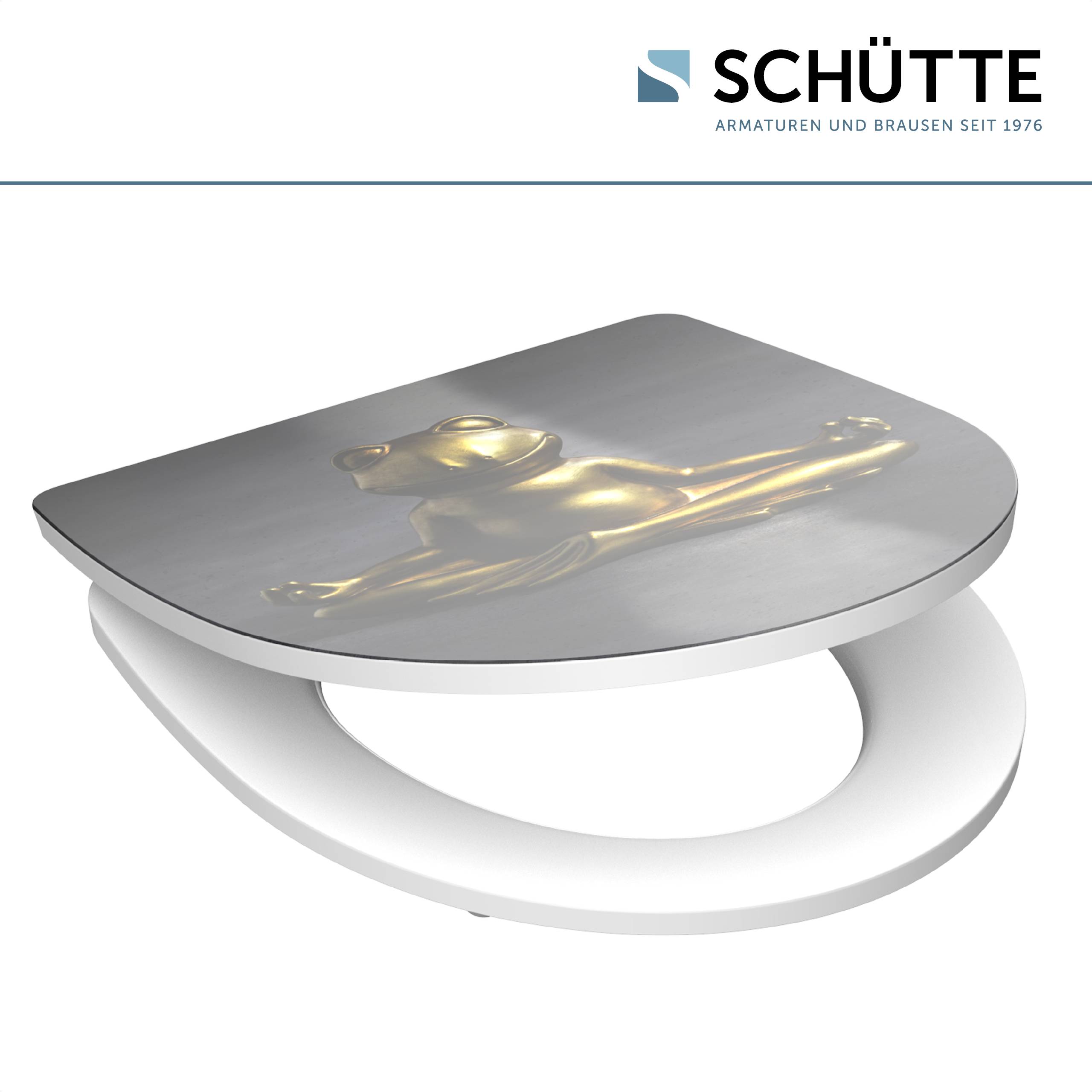 Ein Toilettensitz mit Deckel, auf dem ein Bild eines golden sitzenden Frosches abgebildet ist. Das Schütte-Logo erscheint oben.