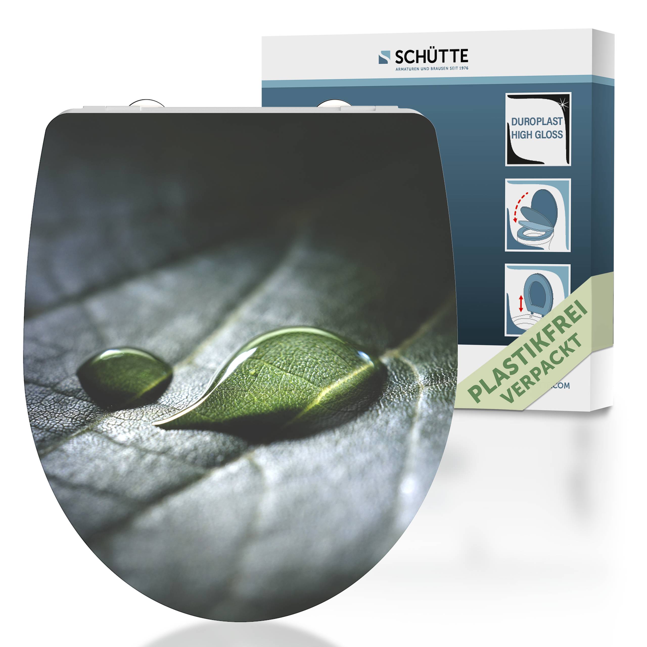 Toilettensitzdeckel mit Bild von Wassertropfen auf einem Blatt. Die Verpackung wirbt mit „plastikfrei verpackt