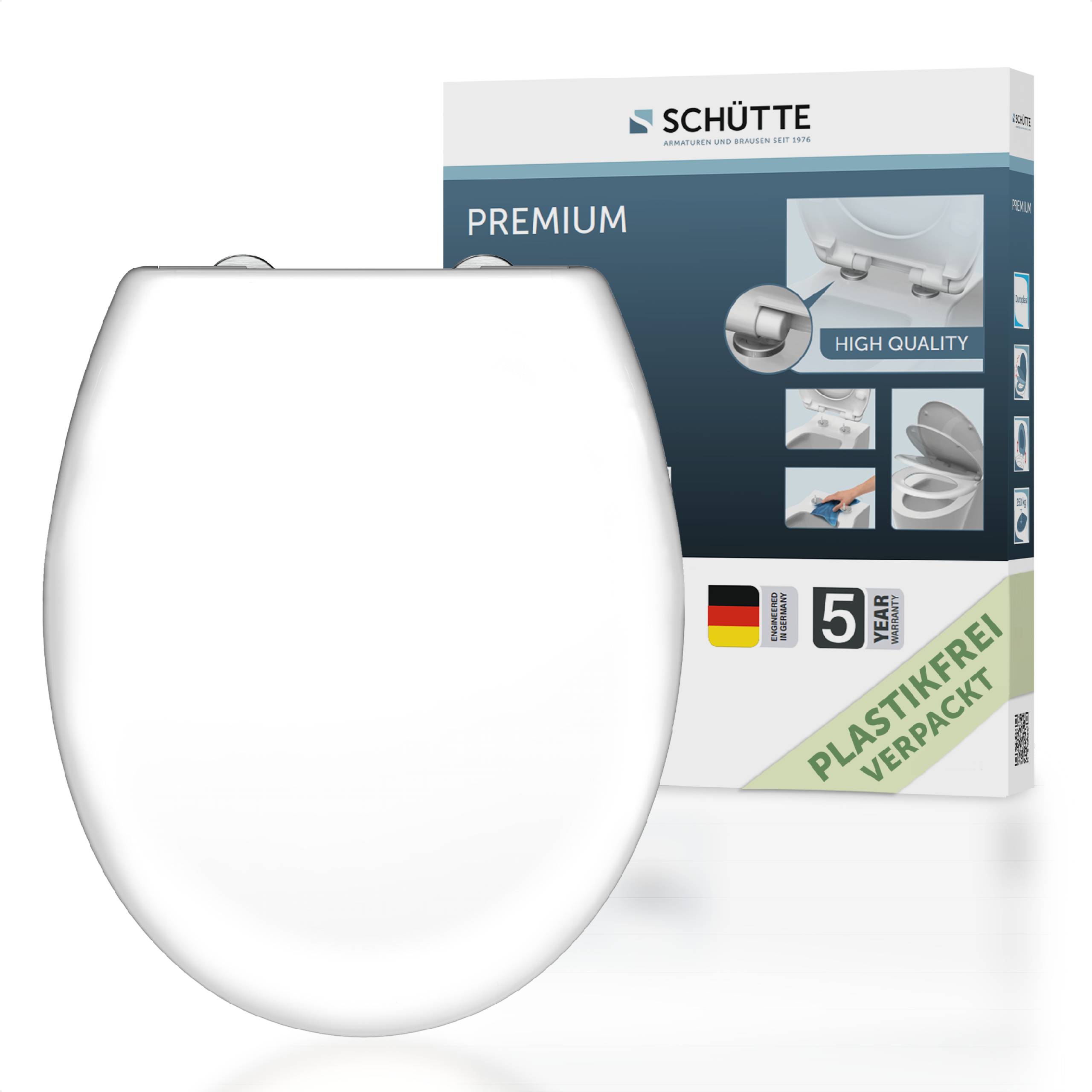 Weiße Toilettensitz von Schütte, aus Duoplast, trägt bis zu 250 kg.