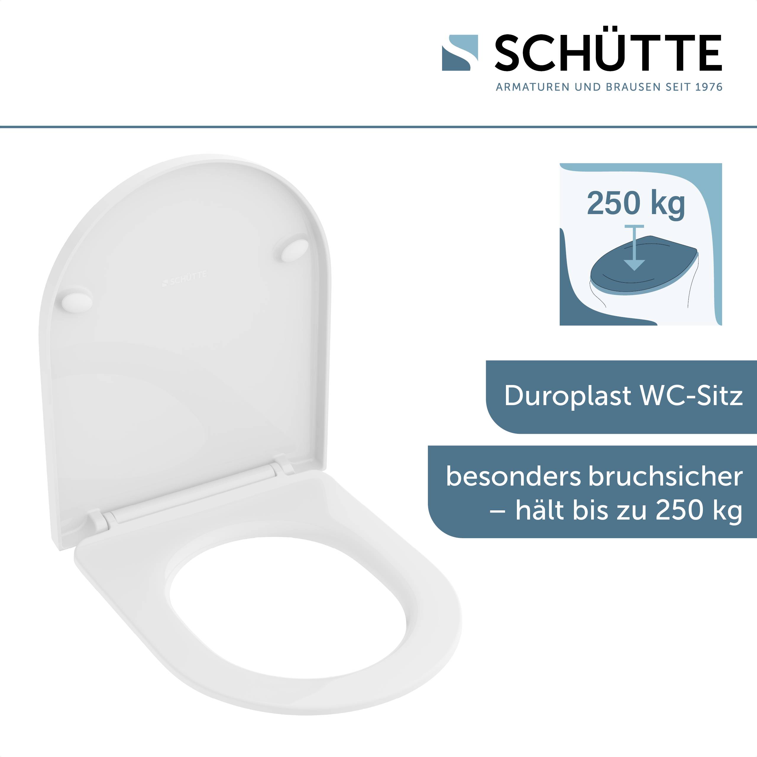 Schütte Marken-Toilettensitz mit leicht zu reinigender MDF-Oberfläche, dargestellt in Weiß mit Metallscharnieren. Logo und Branding oben.