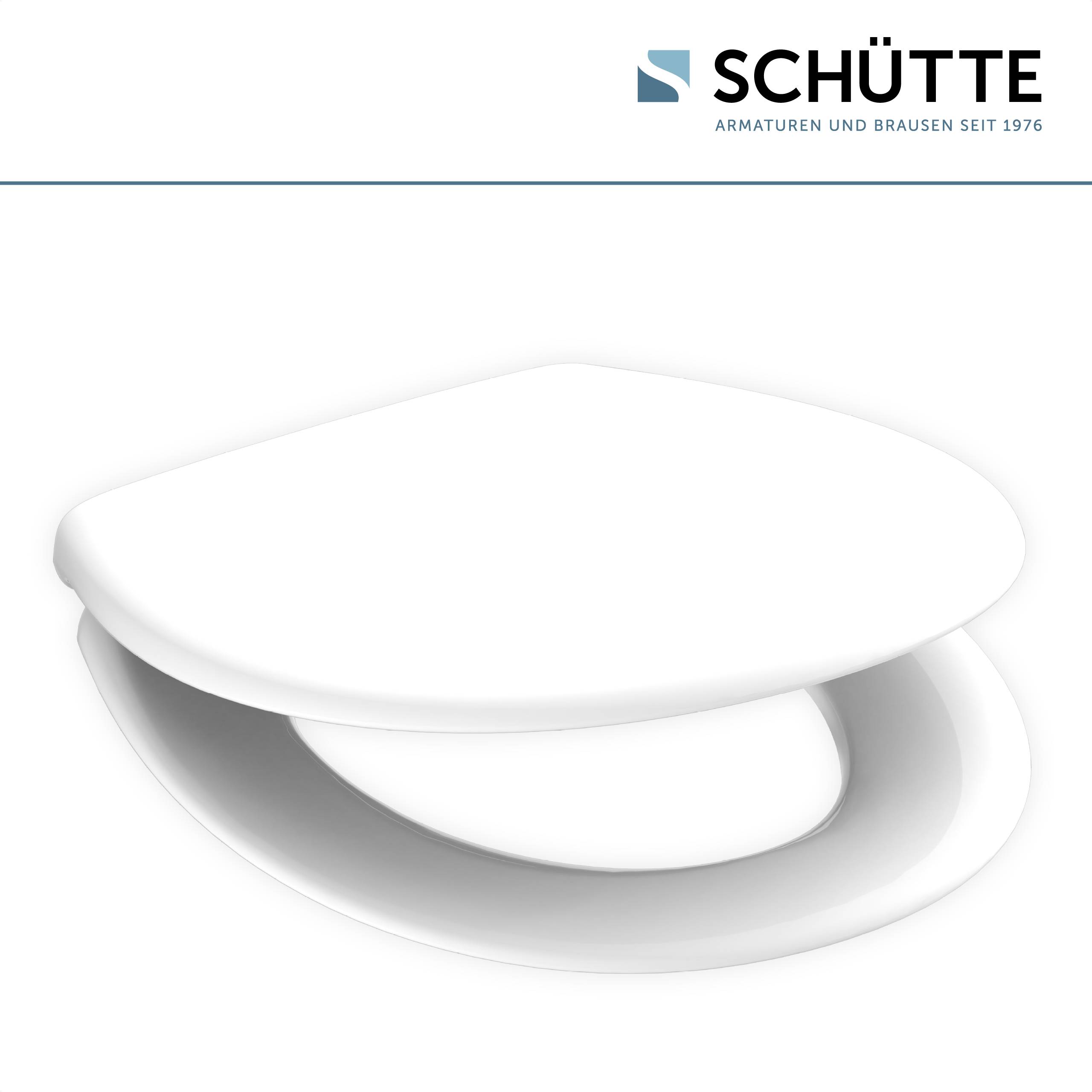 Ein ovaler weißer Toilettensitzdeckel wird von oben gezeigt, wobei sein gllattes, einfaches Design und die minimalistischen Metallscharniere an der Rückseite hervorgehoben werden.