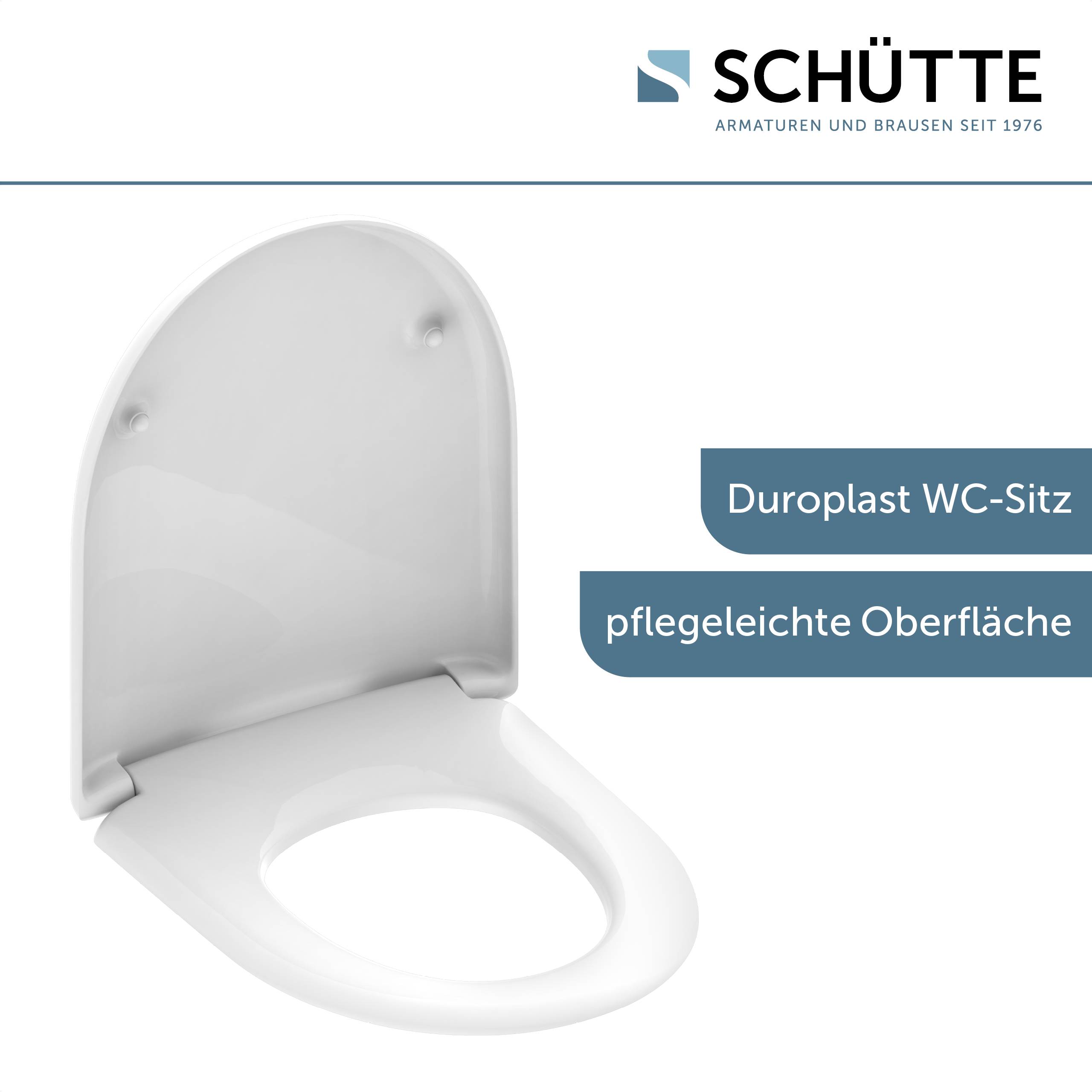 Schütte Duoplast WC-Sitz' Text auf dem Bild mit Abbildung eines weißen Toilettensitzes. Zu den Merkmalen gehört eine pflegeleichte Oberfläche.