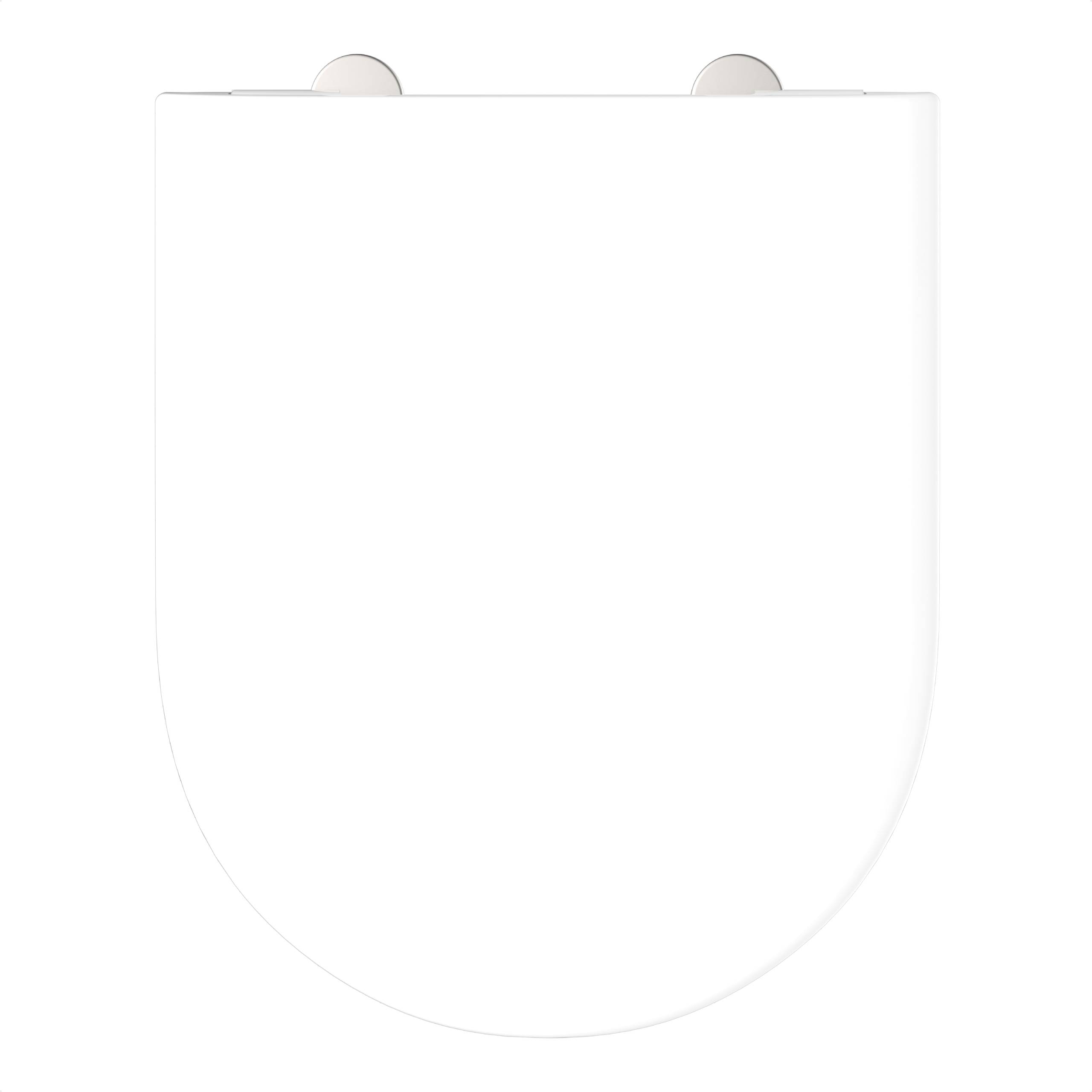 Ein weißer Toilettensitzdeckel mit zwei metallischen Scharnieren auf einfachem Hintergrund.