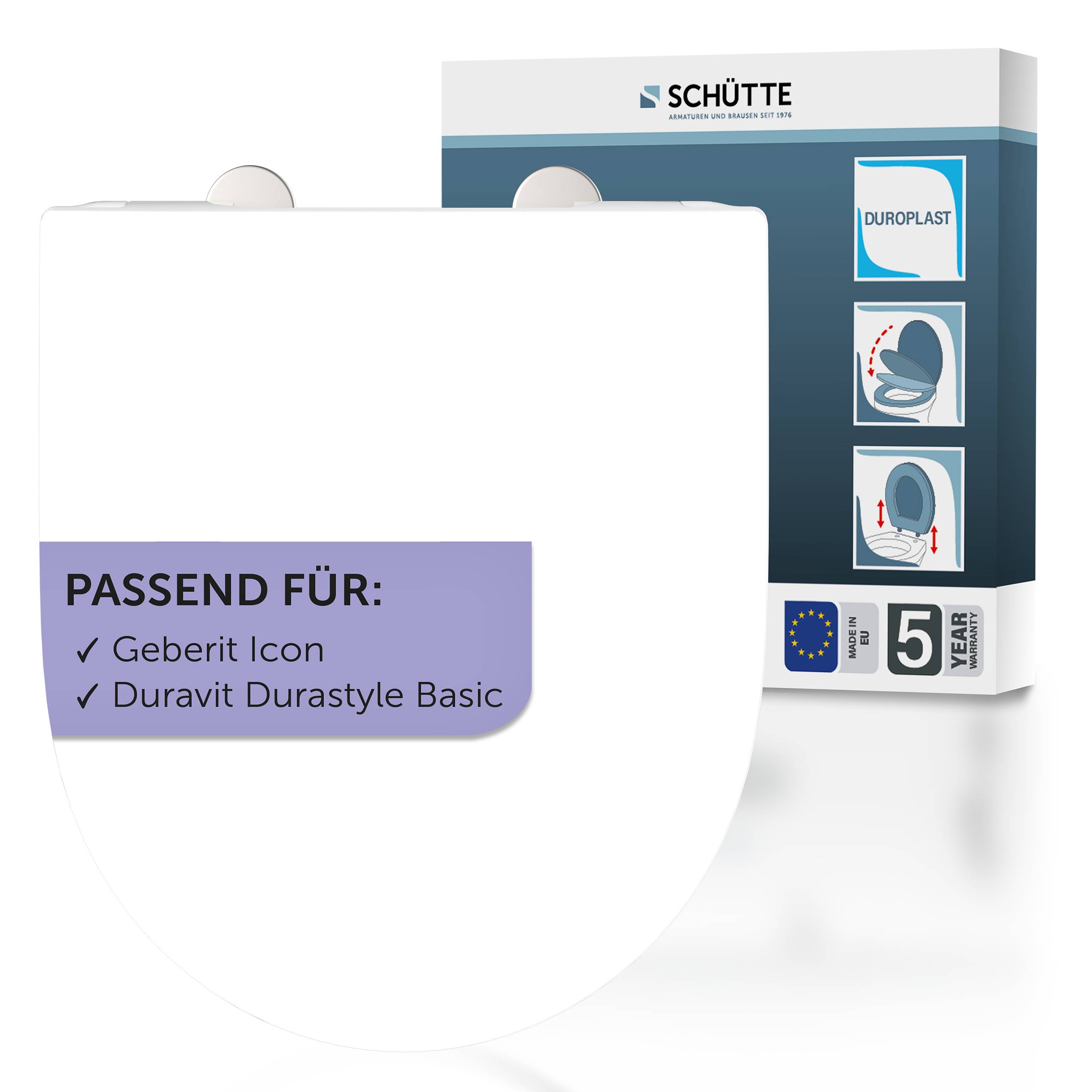 Toilettendeckelverpackung der Marke 'Schütte'. Zeigt Kompatibilität mit 'Geberit Icon' und 'Duravit Durastyle Basic'. '5-Jahres-Garantie' vermerkt.