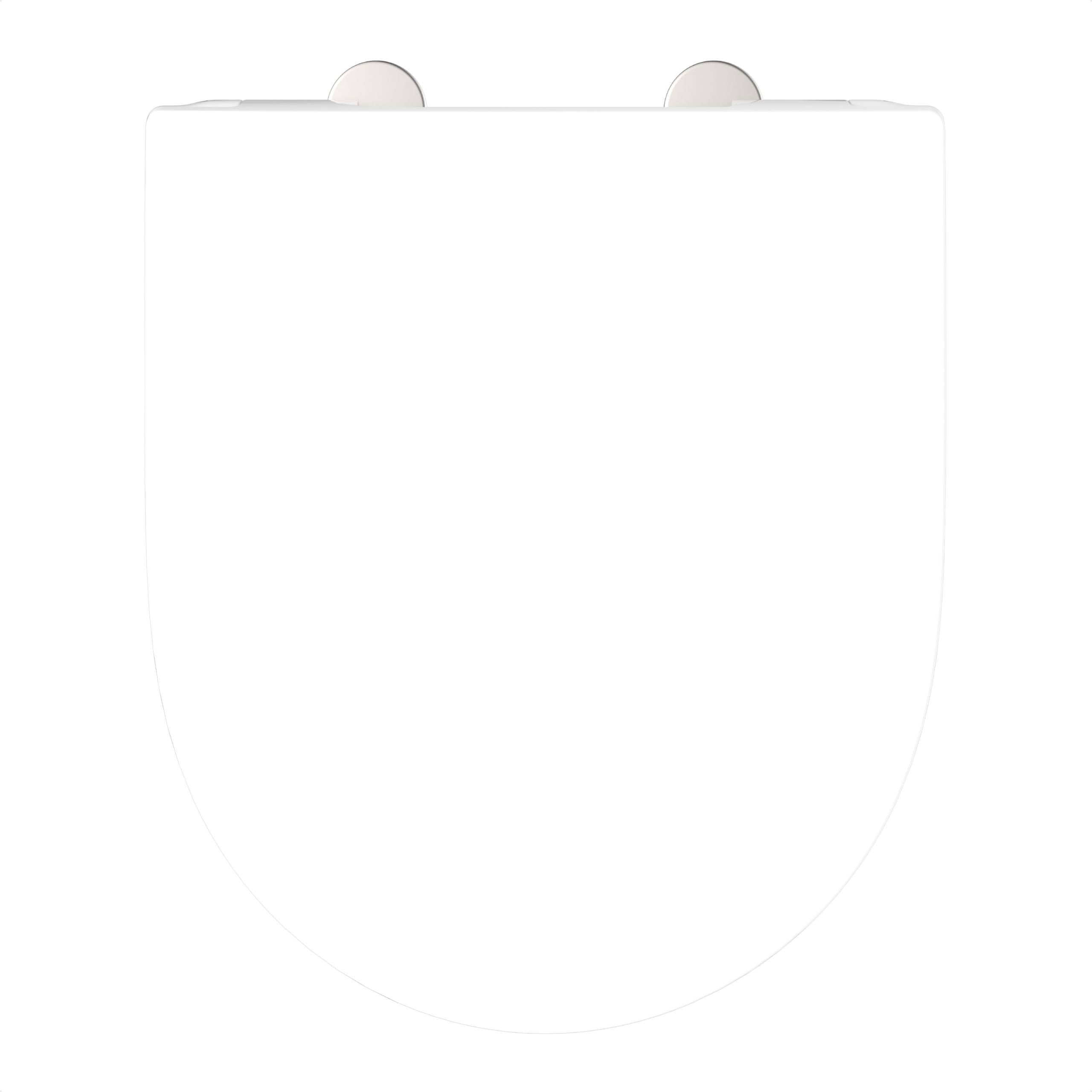 Rechteckiger weißer Toilettensitz von oben betrachtet mit sichtbaren Metallscharnieren oben.