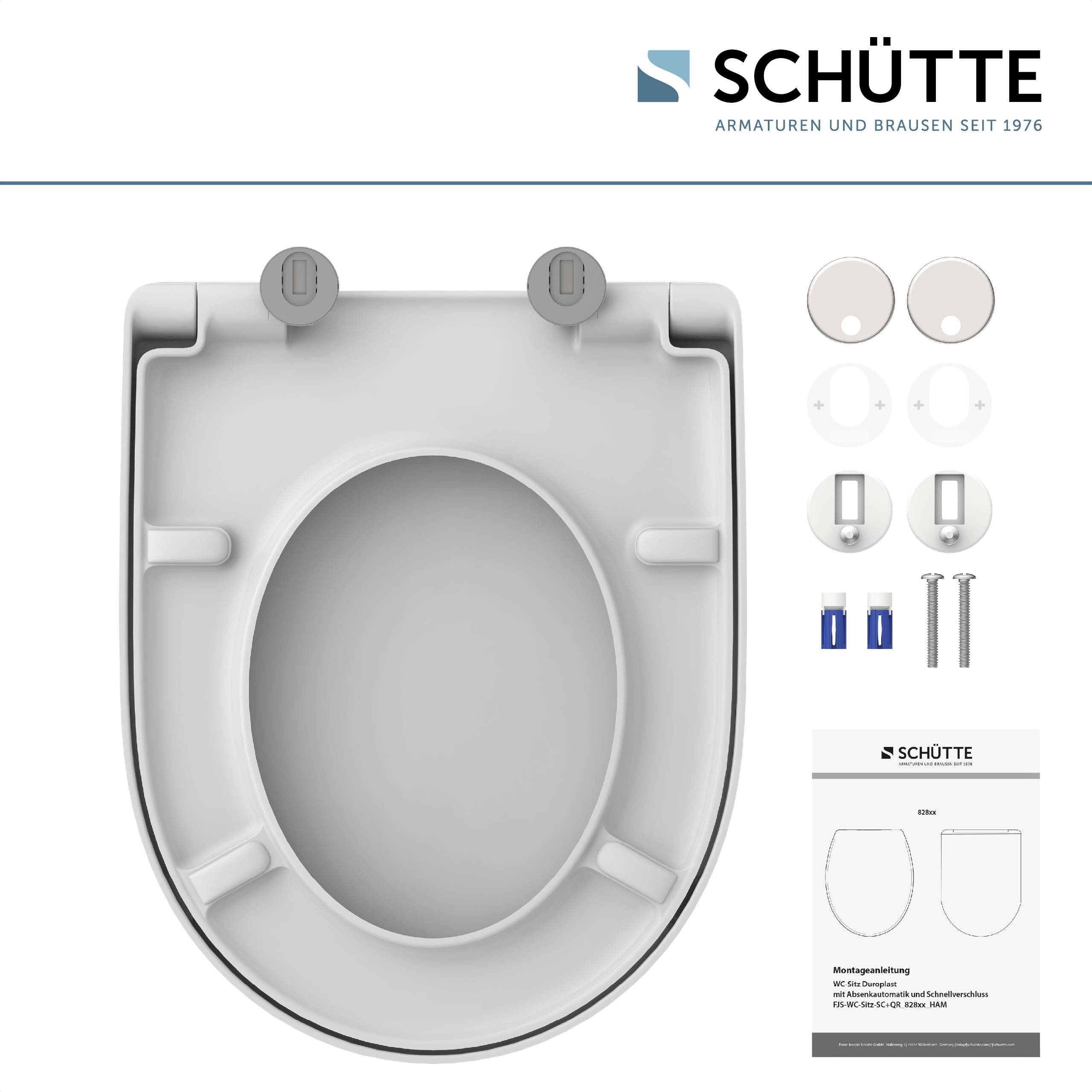 Ein weißer Toilettensitz mit silbernen Scharnieren, zwei runden Kappen, Schrauben und Installationsanweisungen, oben mit der Marke „Schütte
