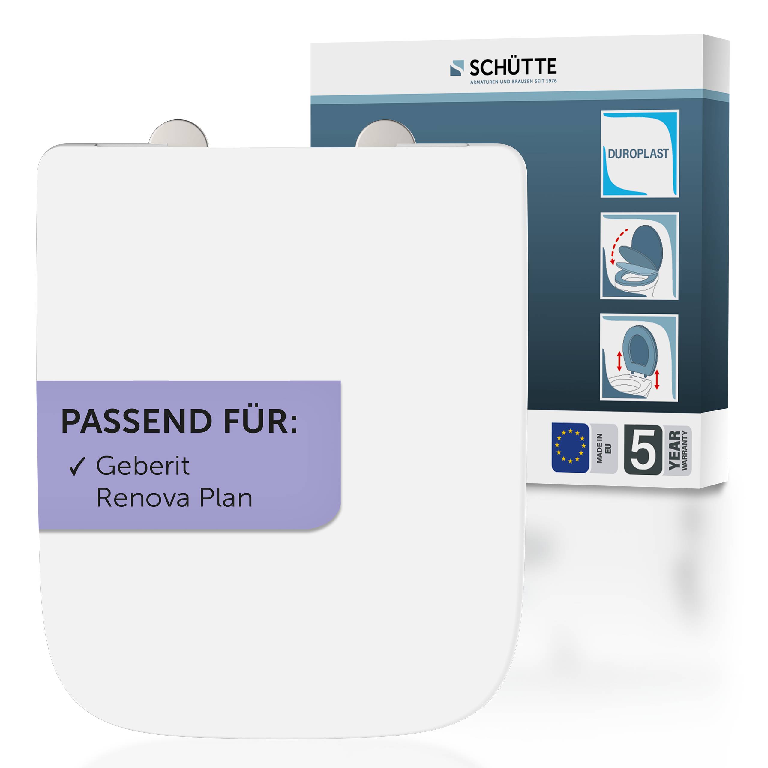 Weiße Toilettensitzabdeckung mit Verpackungskarton, die Kompatibilität mit 'Geberit Renova' und 'Laufen Moderna' zeigt, mit 5 Jahren Garantie.