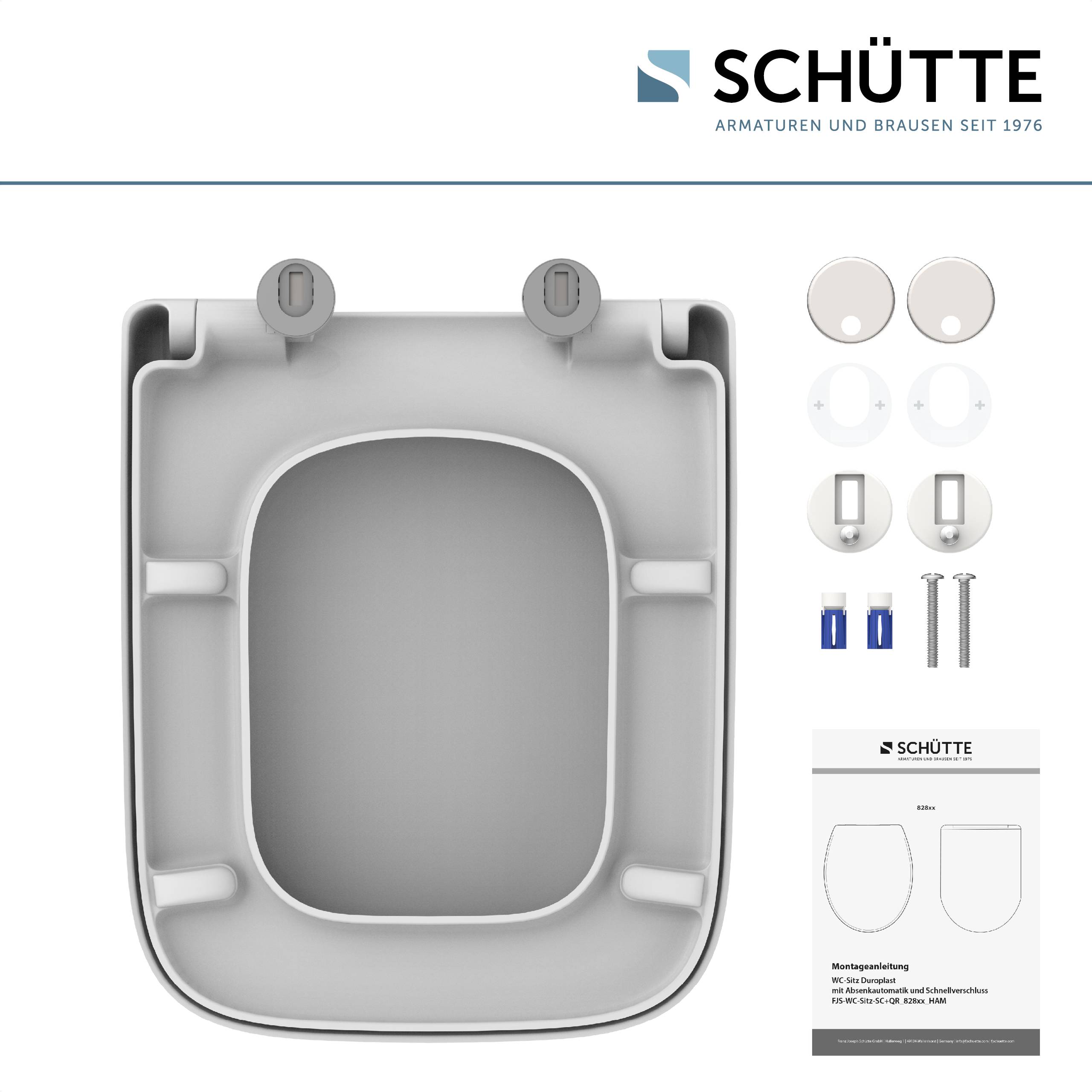 Schütte Toilettensitz-Installationsset, umfasst Sitz, Scharniere, Befestigungsteile, Anleitung und Logo.