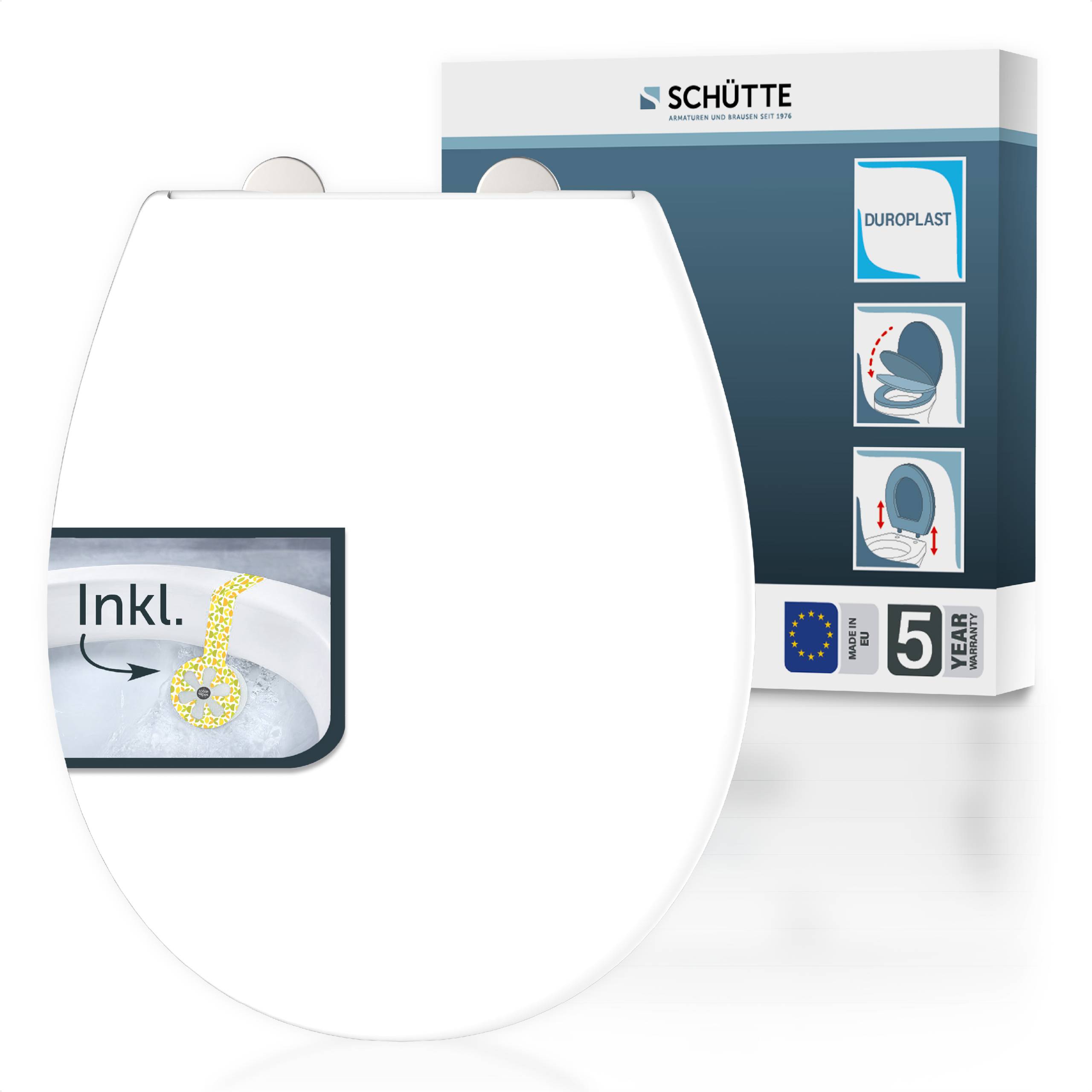 Duroplast WC-Sitz WHITE, Made in Europe, mit Absenkautomatik und Schnellverschluss, inklusive Duftstein