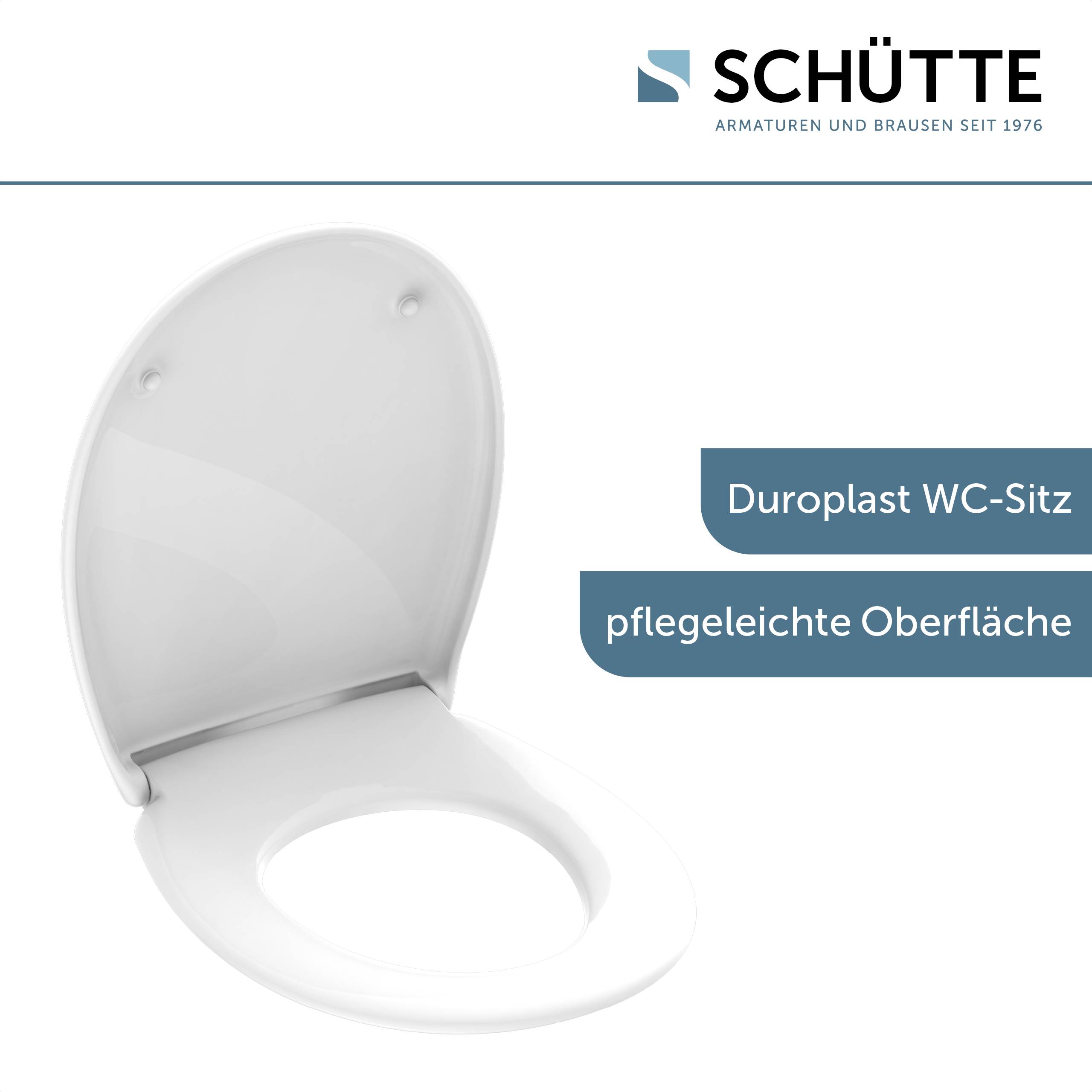 Schütte Duoplast WC-Sitz' mit dem Text 'pflegeleichte Oberfläche'. Das Bild zeigt einen weißen, offenen WC-Sitz von oben betrachtet.