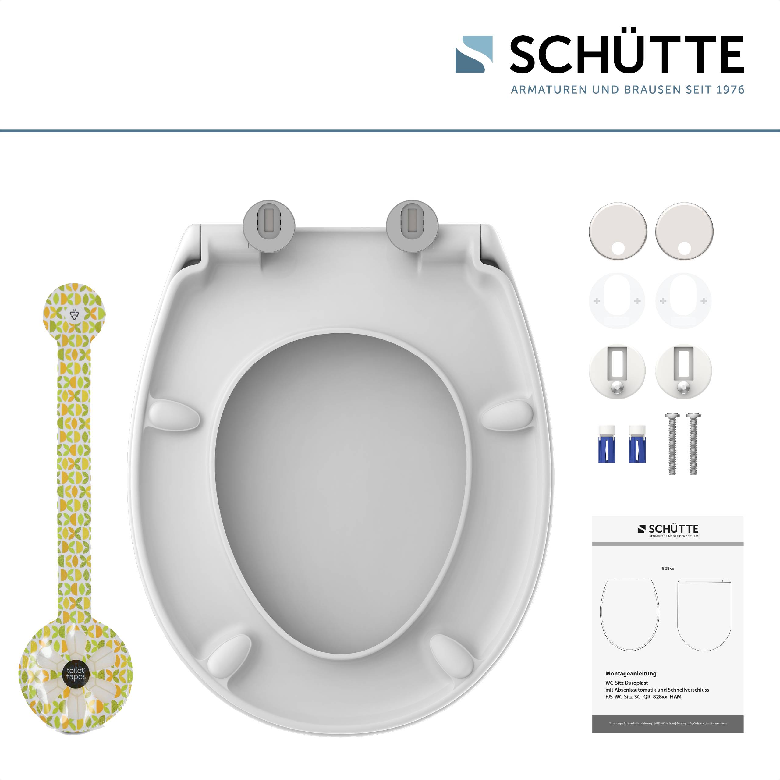 Schütte Toilettensitz-Set mit Installationswerkzeugen, dekorativen Aufklebern, Anleitung und Markenlogo auf der Oberseite.