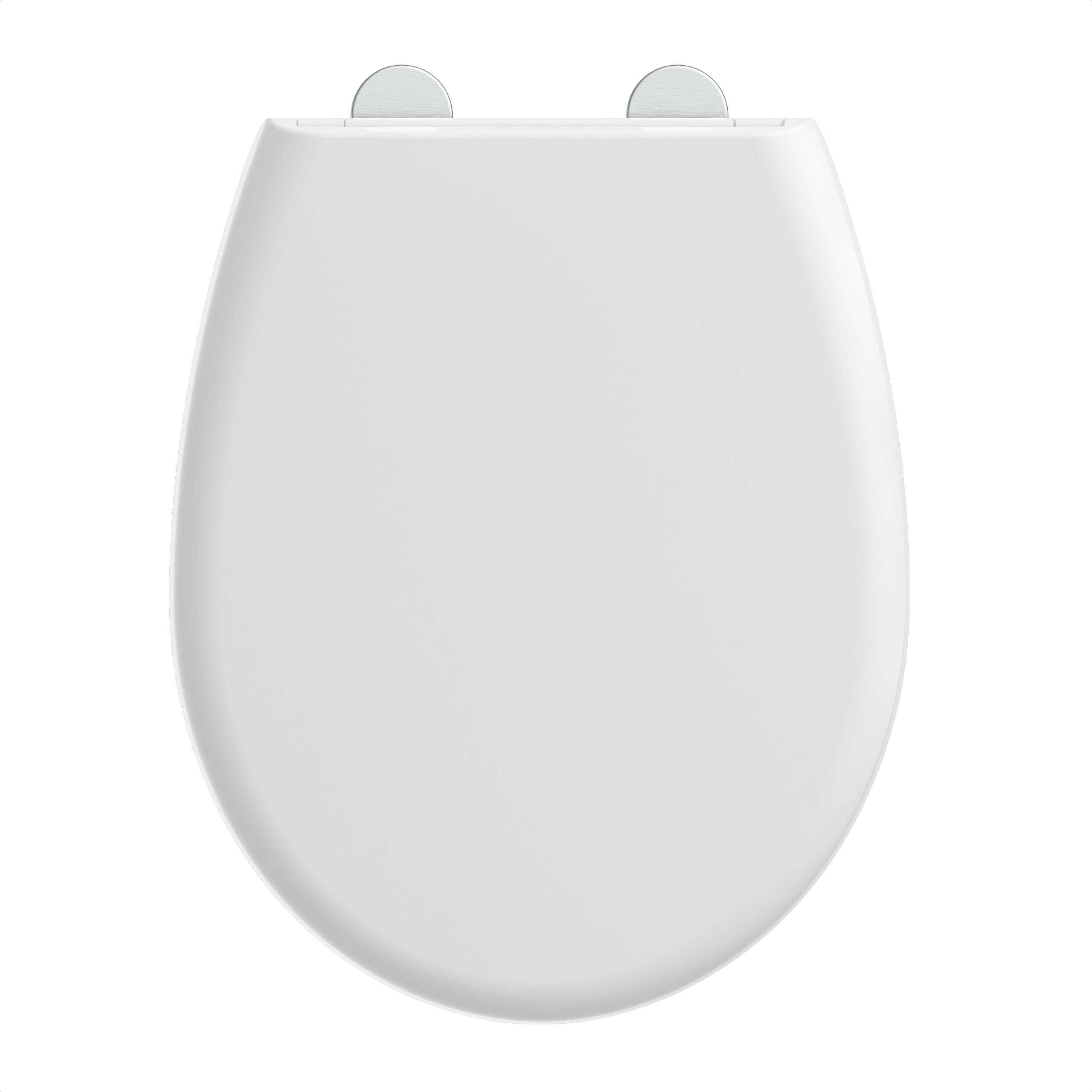 Draufsicht eines geschlossenen weißen Toilettensitzes, der seine ovale Form zeigt, mit sichtbaren Montagescharnieren an der Rückseite.