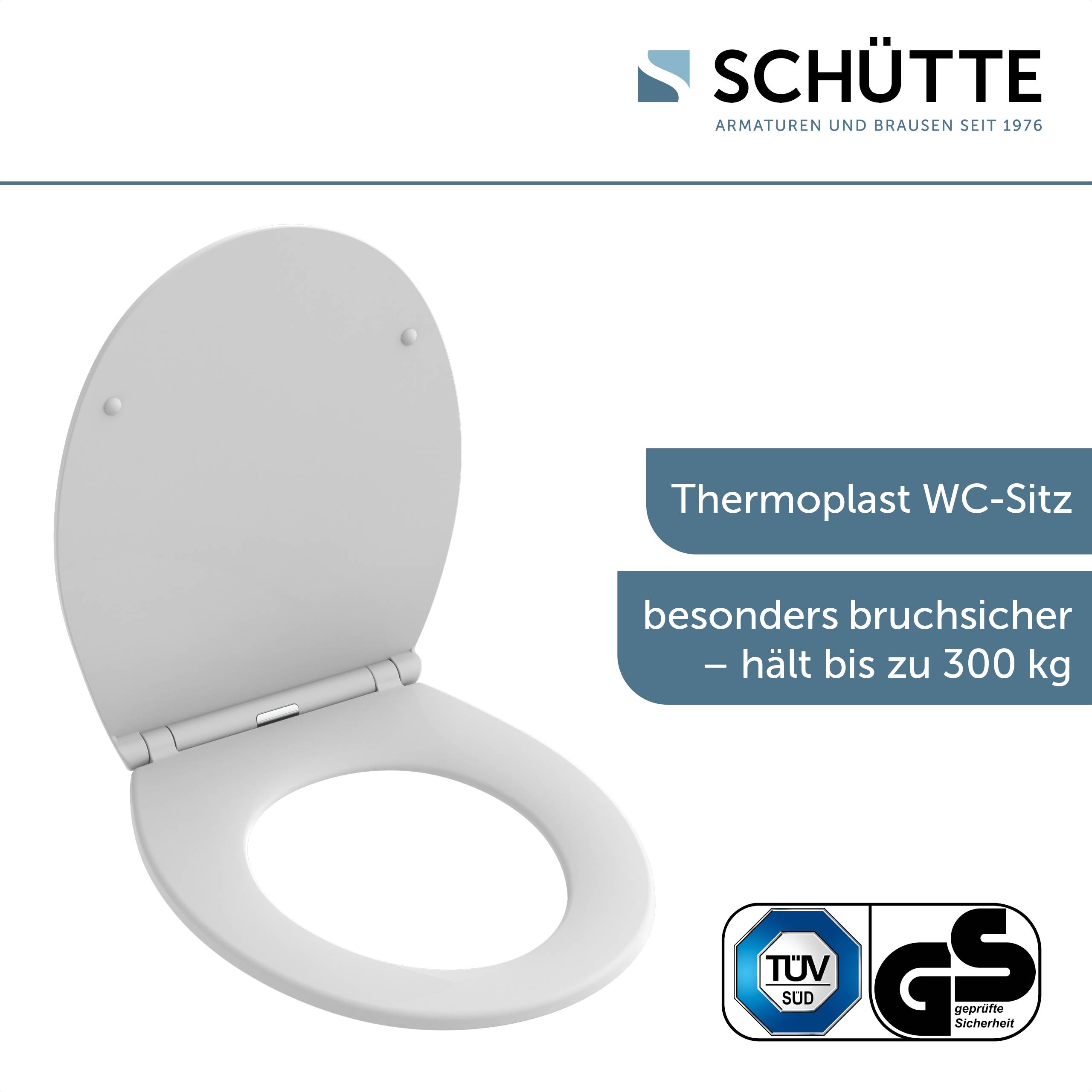 Ein weißer Toilettensitz mit dem Produktlogo 'SCHÜTTE' und dem Text 'Duropast WC-Sitz, pflegeleichte Oberfläche'.