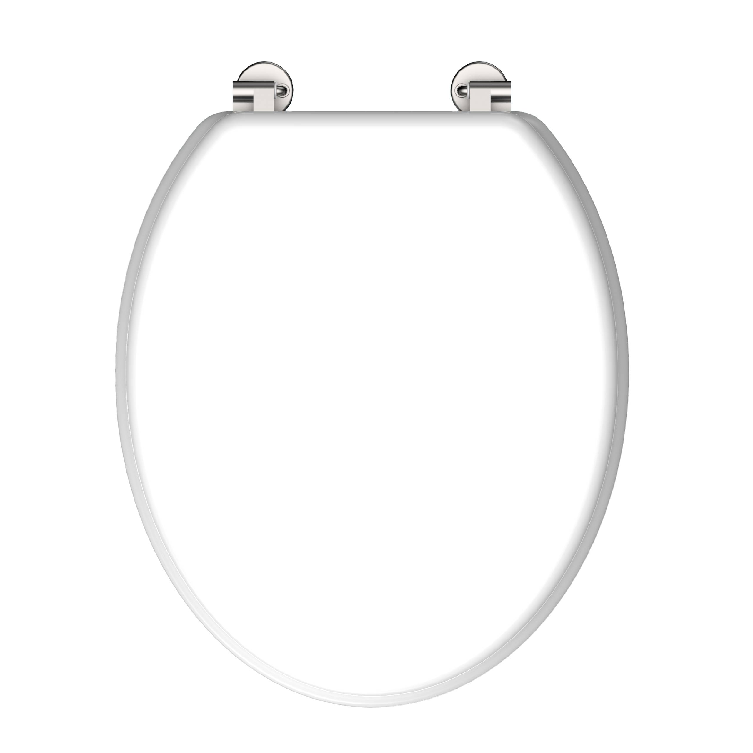 Ein weißer ovaler Toilettensitz mit silbernen Scharnieren, von oben betrachtet, zeigt eine Standard-Badezimmerarmatur.