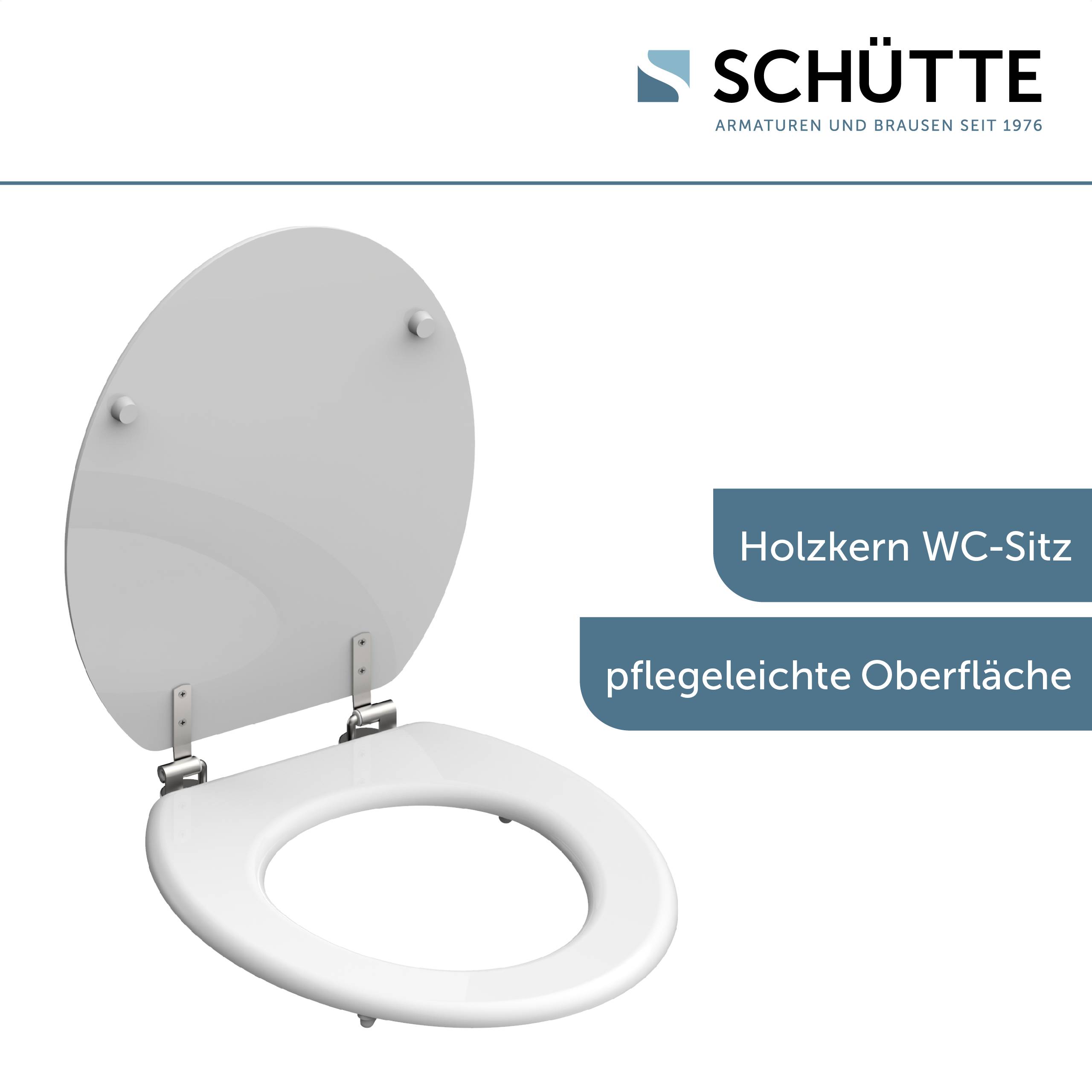 Ein weißer Toilettensitz mit Deckel; die Markierung zeigt, dass es sich um ein SCHÜTTE-Produkt mit einer pflegeleichten Oberfläche handelt.