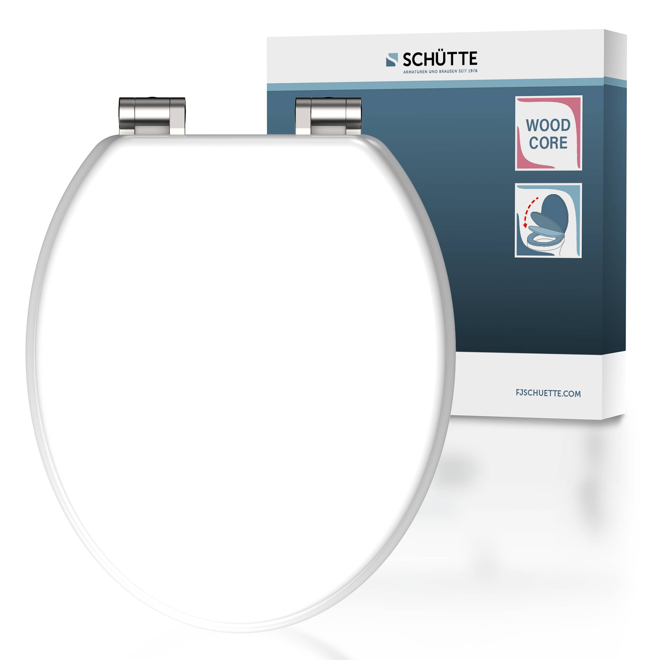 Toilettensitz mit Metallscharnieren, neben der Verpackung mit Markenname und Text „Holzkern