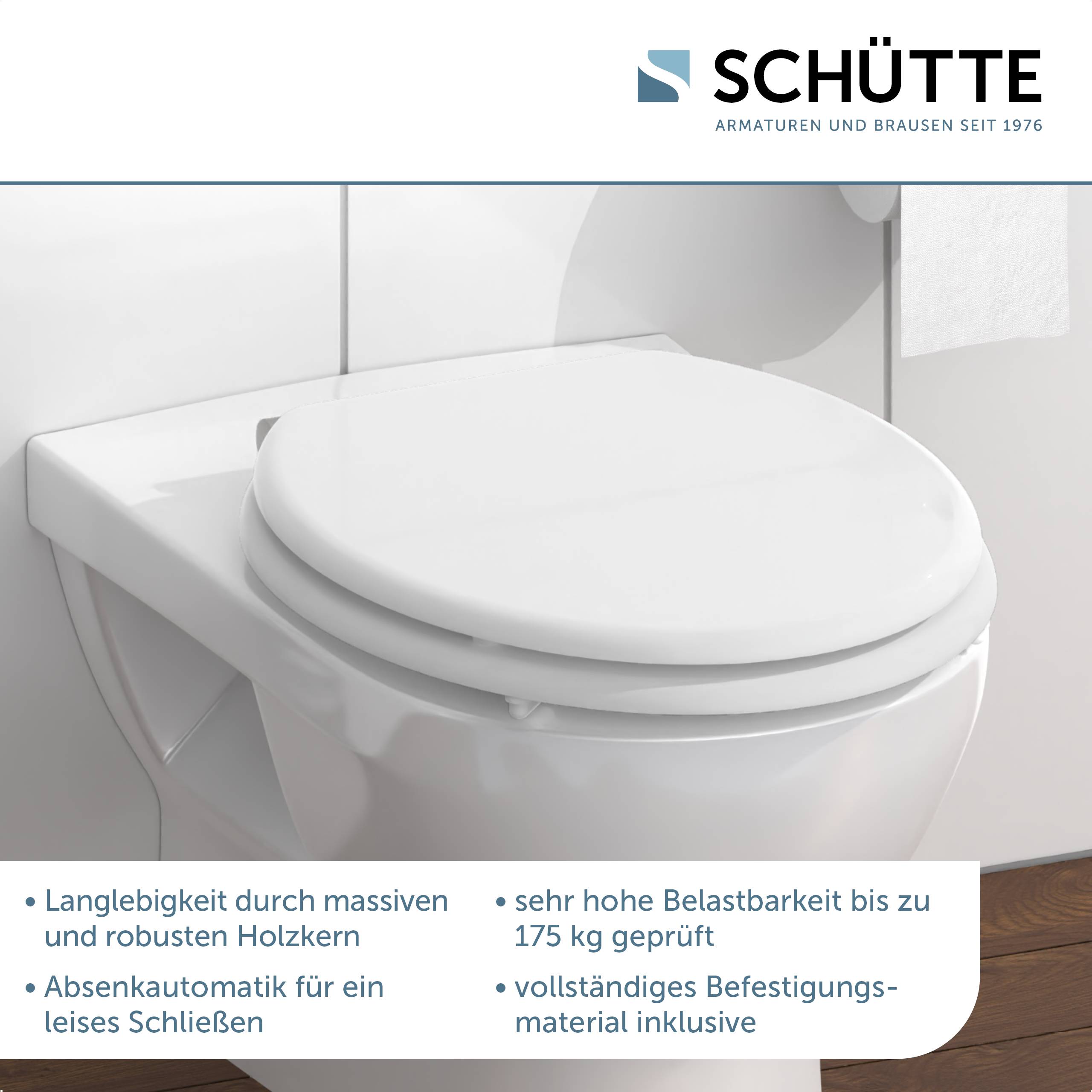 Ein weißes Toilet mit geschlossenem Deckel in einem Badezimmer, Marke Schütte, das Langlebigkeit, Soft-Close-Funktion und einfache Installation hervorhebt.