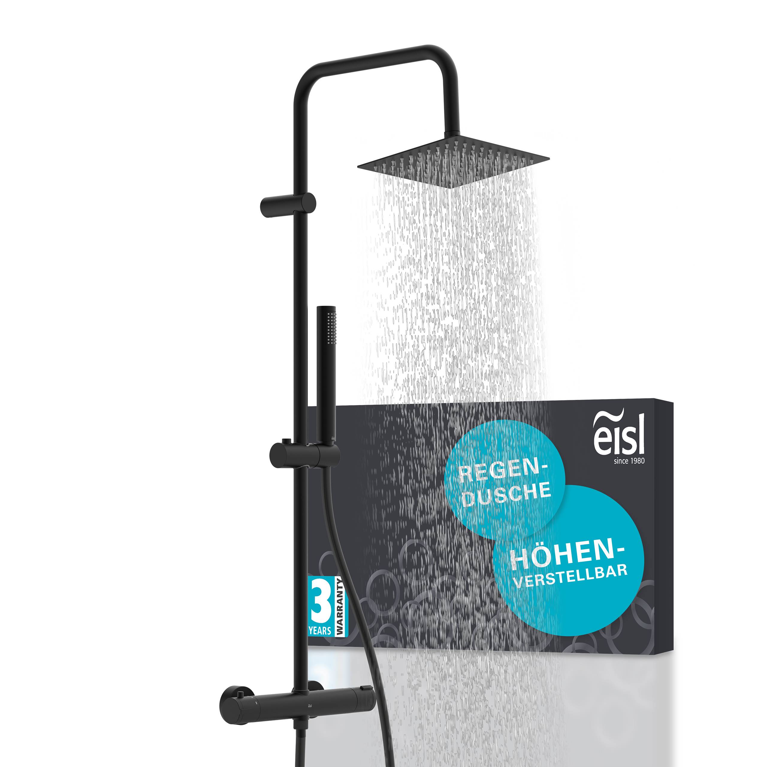 Schwarzes Duschasystem mit quadratischer Kopfbrause und tragbarem Handsprühgerät, dargestellt auf einer Produktverpackung mit der Bezeichnung „REGEN-DUSCHE