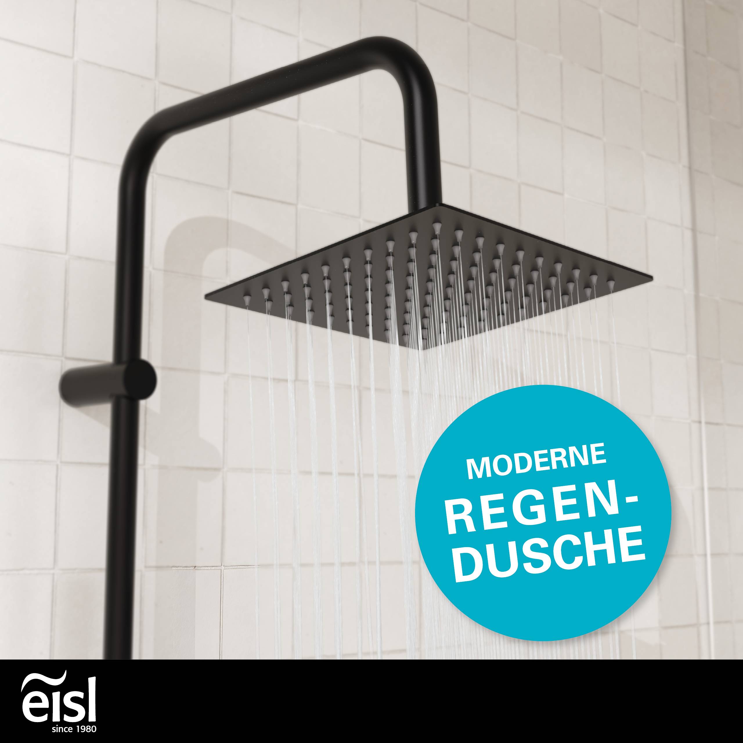 Moderne schwarze Regendusche läuft in einer gefliesten Dusche mit türkisfarbenem Text, auf dem „MODERNE REGEN-DUSCHE