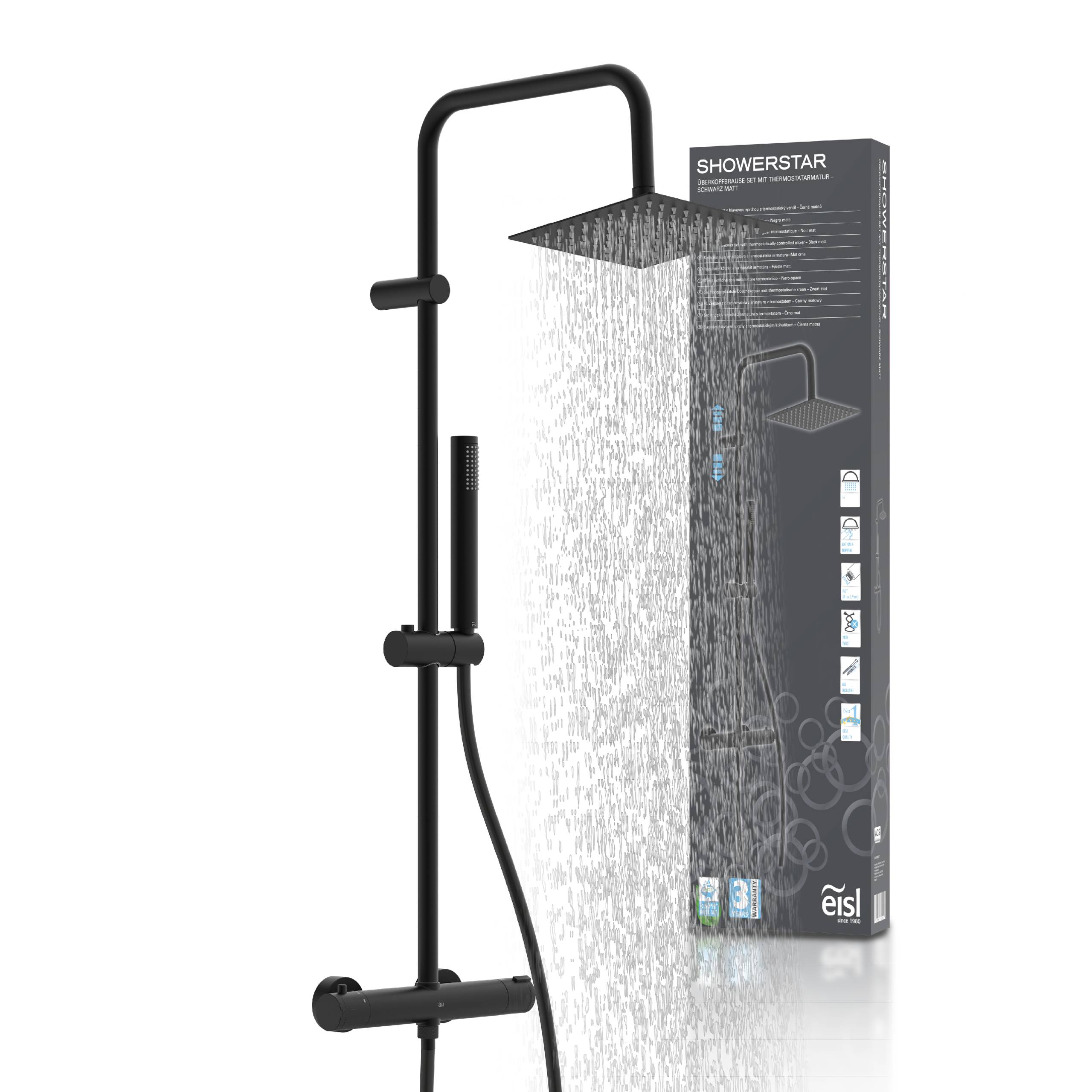 Duschset mit quadratischer Kopfbrause, schwarze Oberfläche, verstellbarer Duschkopf und elegantes Design vor der Produktverpackung.