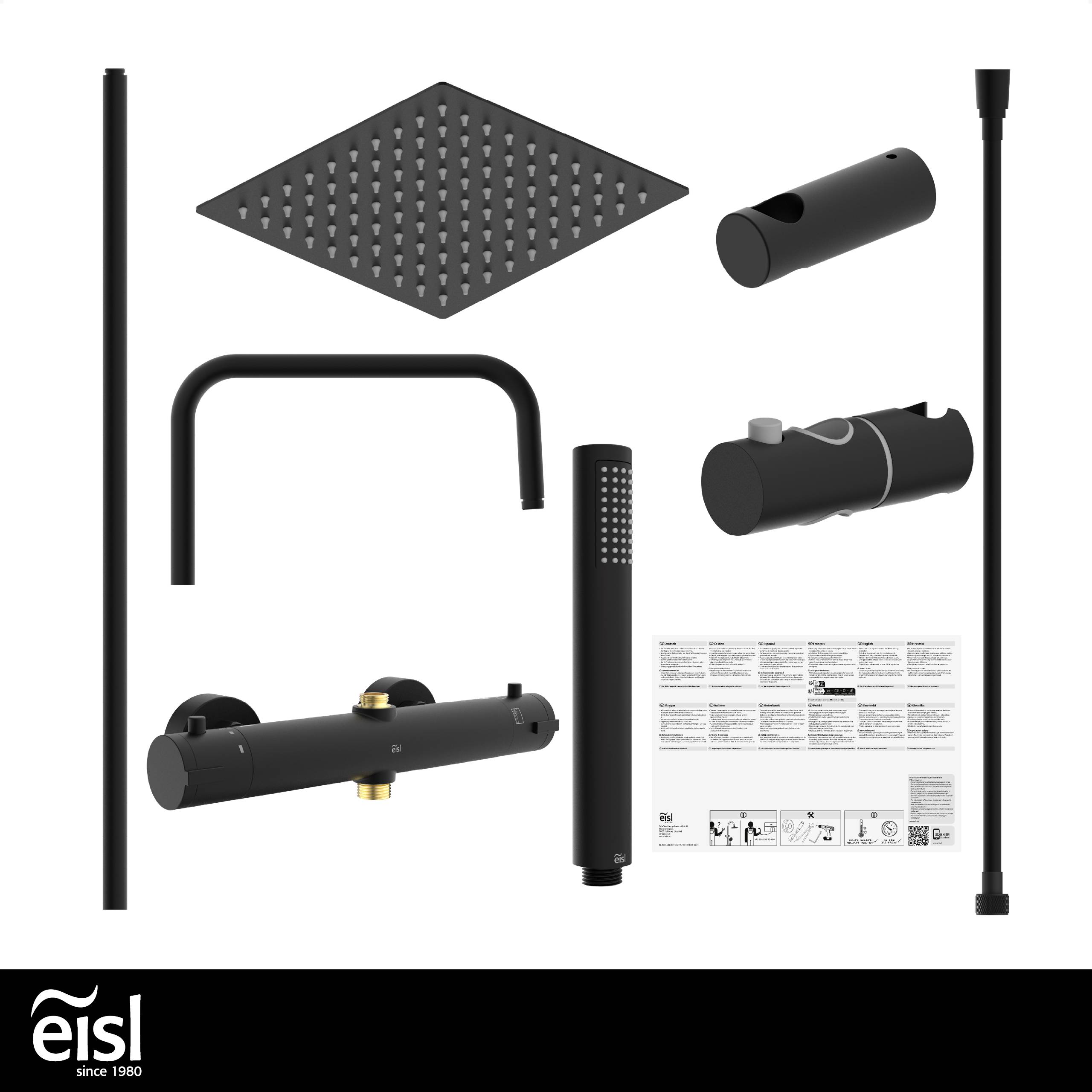 Duschset-Montageset mit Komponenten: Duschkopf, Armatur, Stange und Installationsanleitung. Sicherungsbilder für Eisl-Markenverpackung.