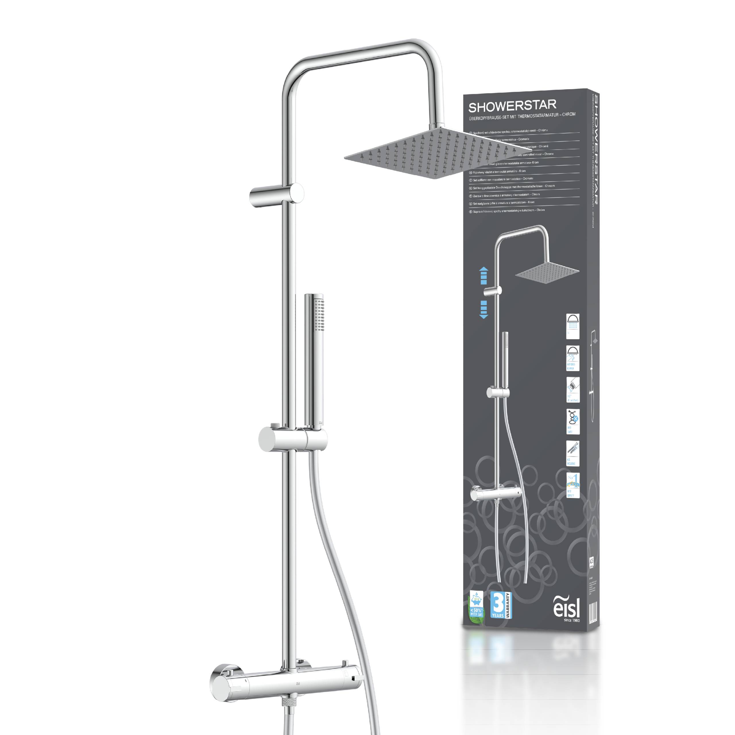 Ein glänzendes, modernes Duschset mit großem quadratischem Regenduschkopf und tragbarem Handbrausenkopf. Die daneben liegende Schachtel zeigt die Produktmerkmale.