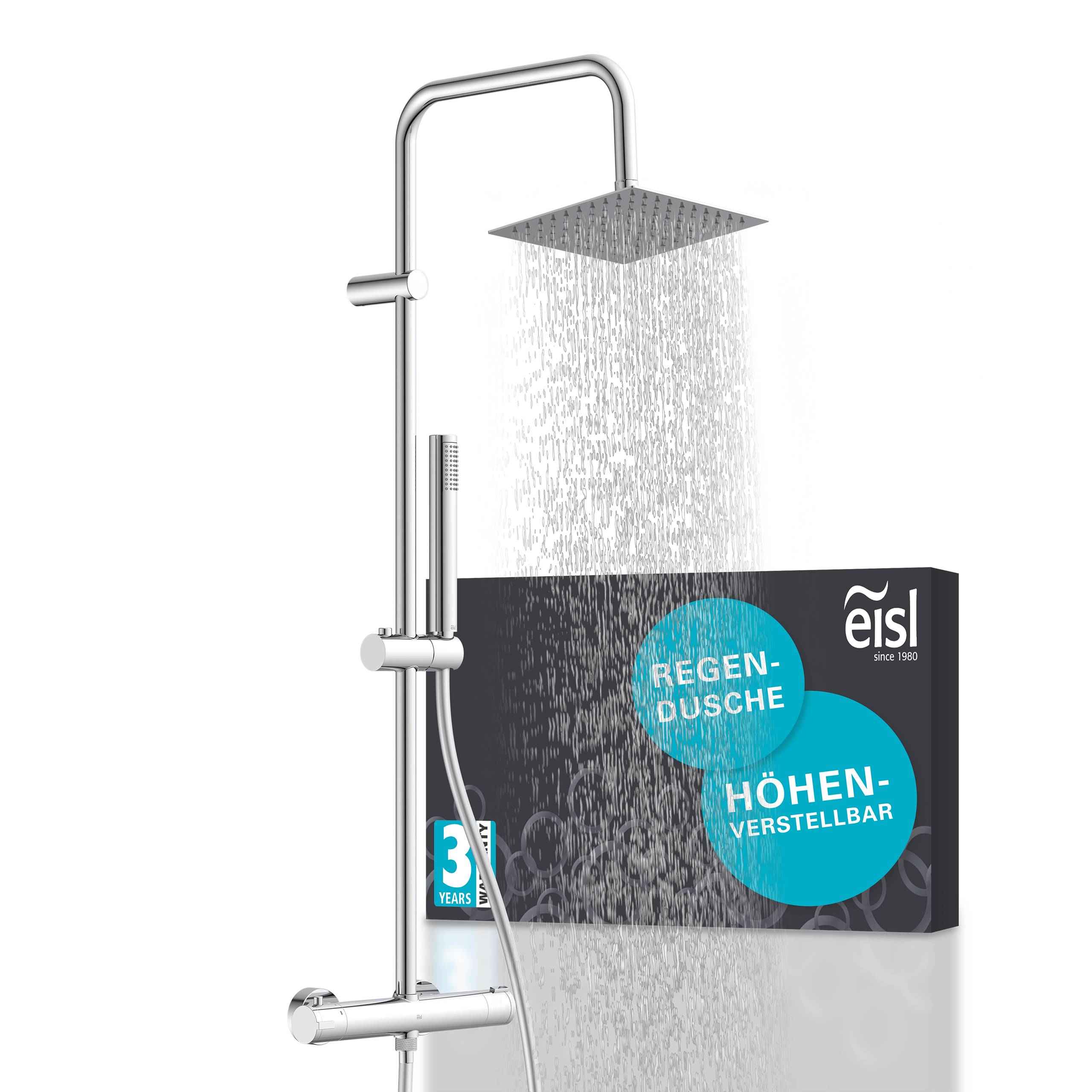 Verchromtes Regendusch-Set mit verstellbarer Höhe, das Wasser über Produktverpackungen mit der Aufschrift „REGEN-DUSCHE