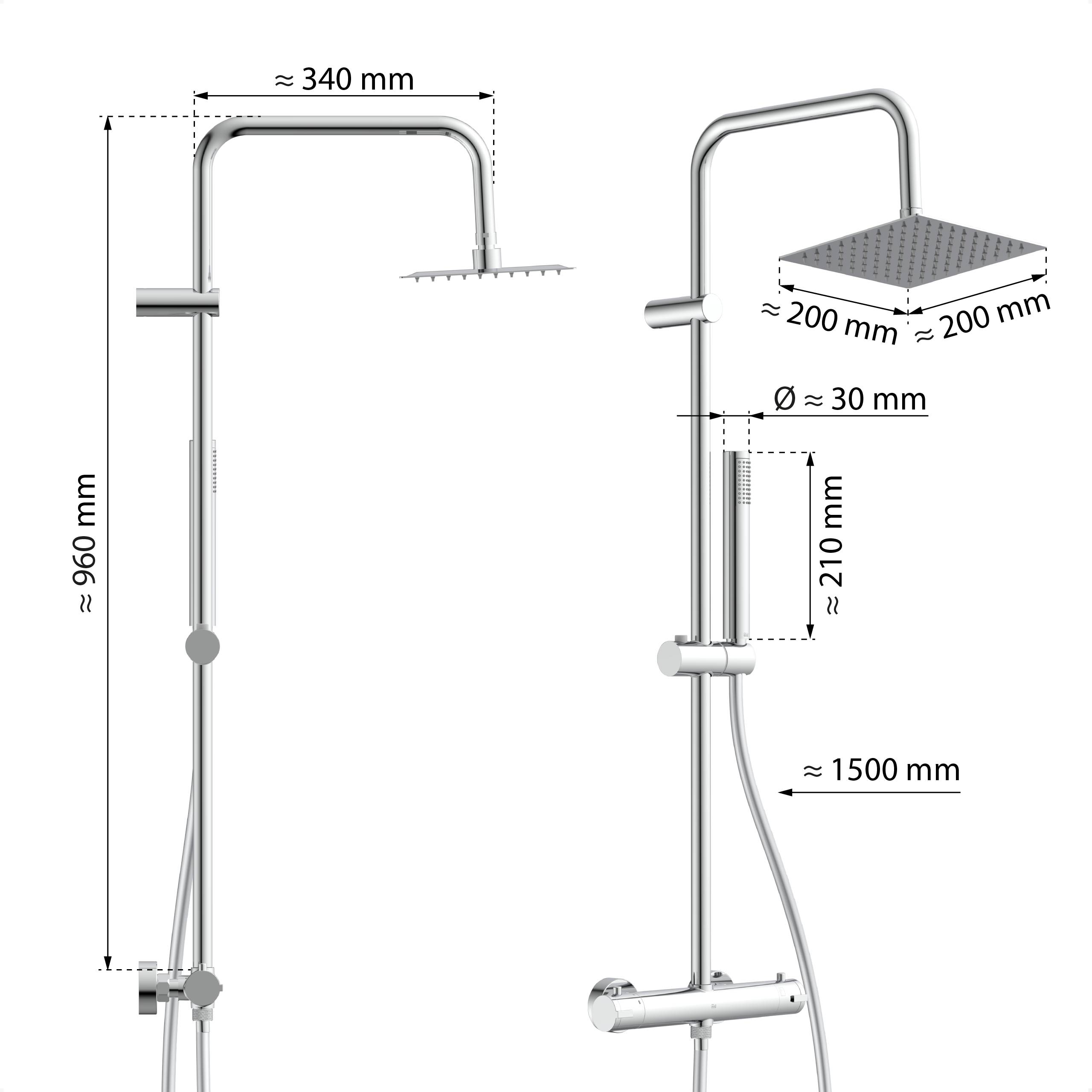Detaillierte Schemazeichnung einer Duscharmatur mit Abmessungen: Höhe beträgt ungefähr 960 mm, Kopfbreite ist 200 mm und Schlauch ist 1500 mm lang.